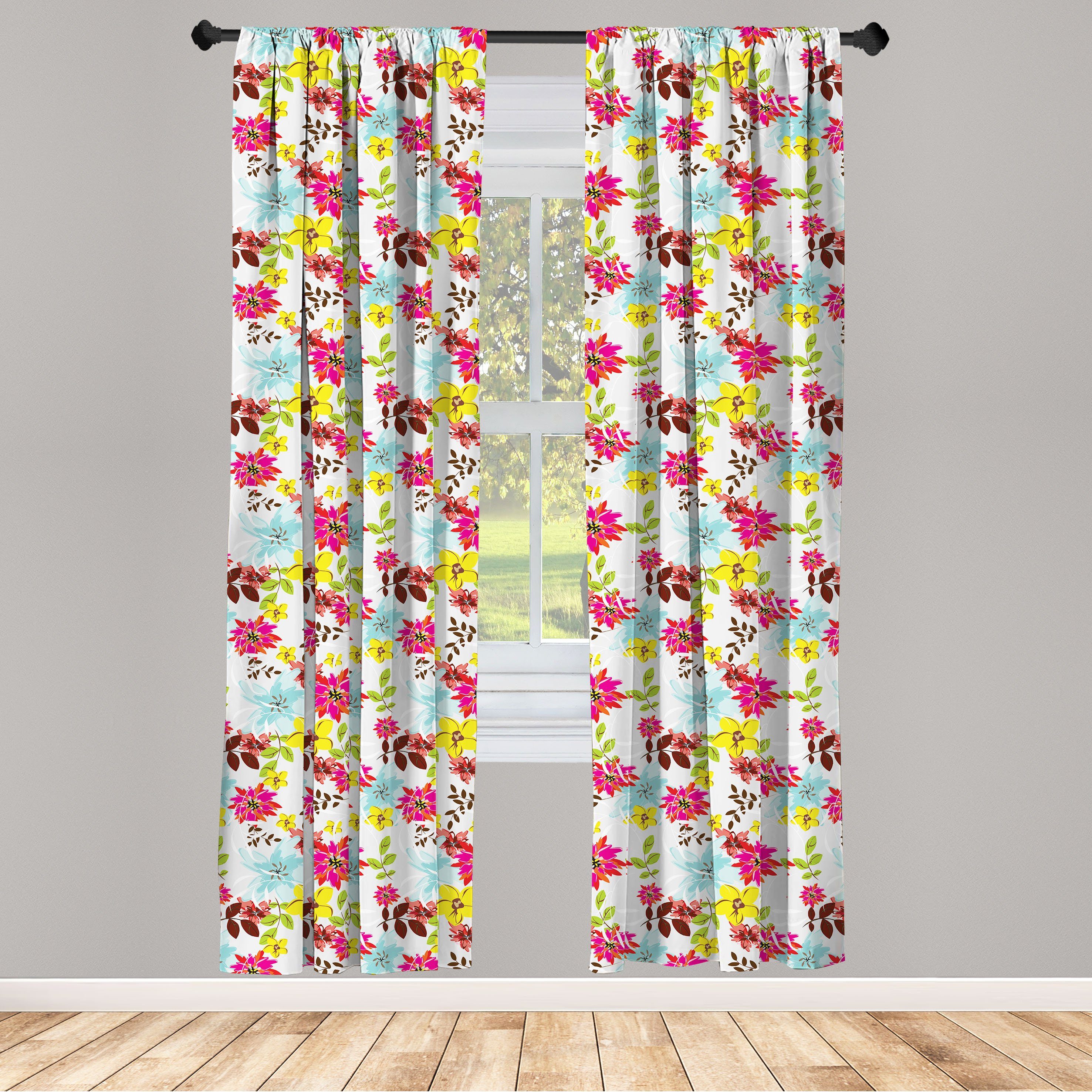 Gardine Vorhang für Wohnzimmer Schlafzimmer Dekor, Abakuhaus, Microfaser, Blumen Bunter Sommer-Blüten-Kunst | Fertiggardinen