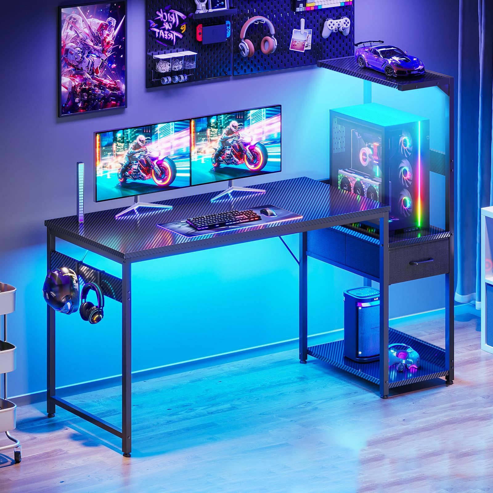 ODK Gamingtisch mit LED-Beleuchtung, Regal & Schublade in Carbon-Optik (1-St), 138 cm Computertisch & Schreibtisch