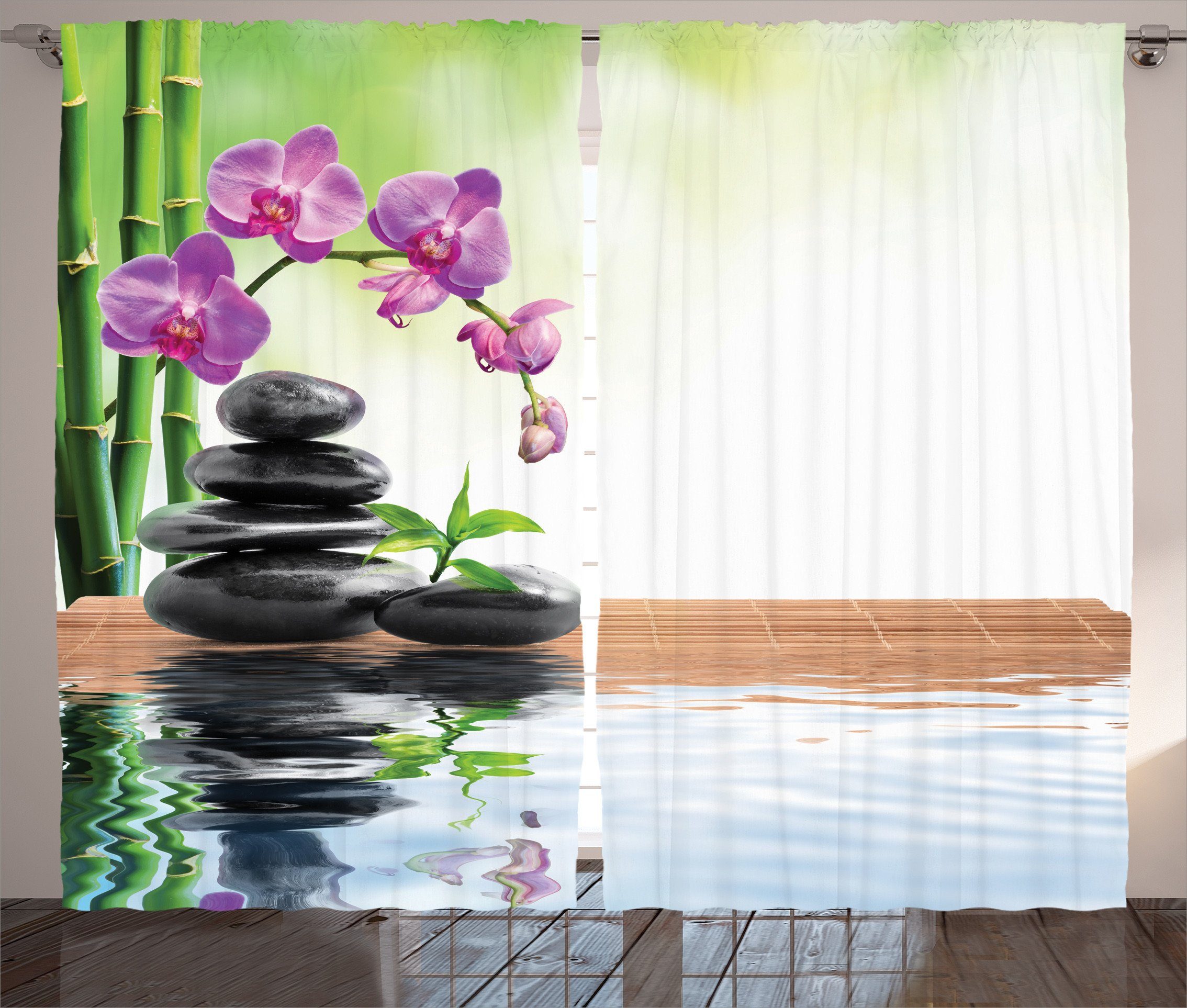 Gardine Schlafzimmer Kräuselband Vorhang mit Schlaufen und Haken, Abakuhaus, asiatisch Spa Spring Water Gesundheit