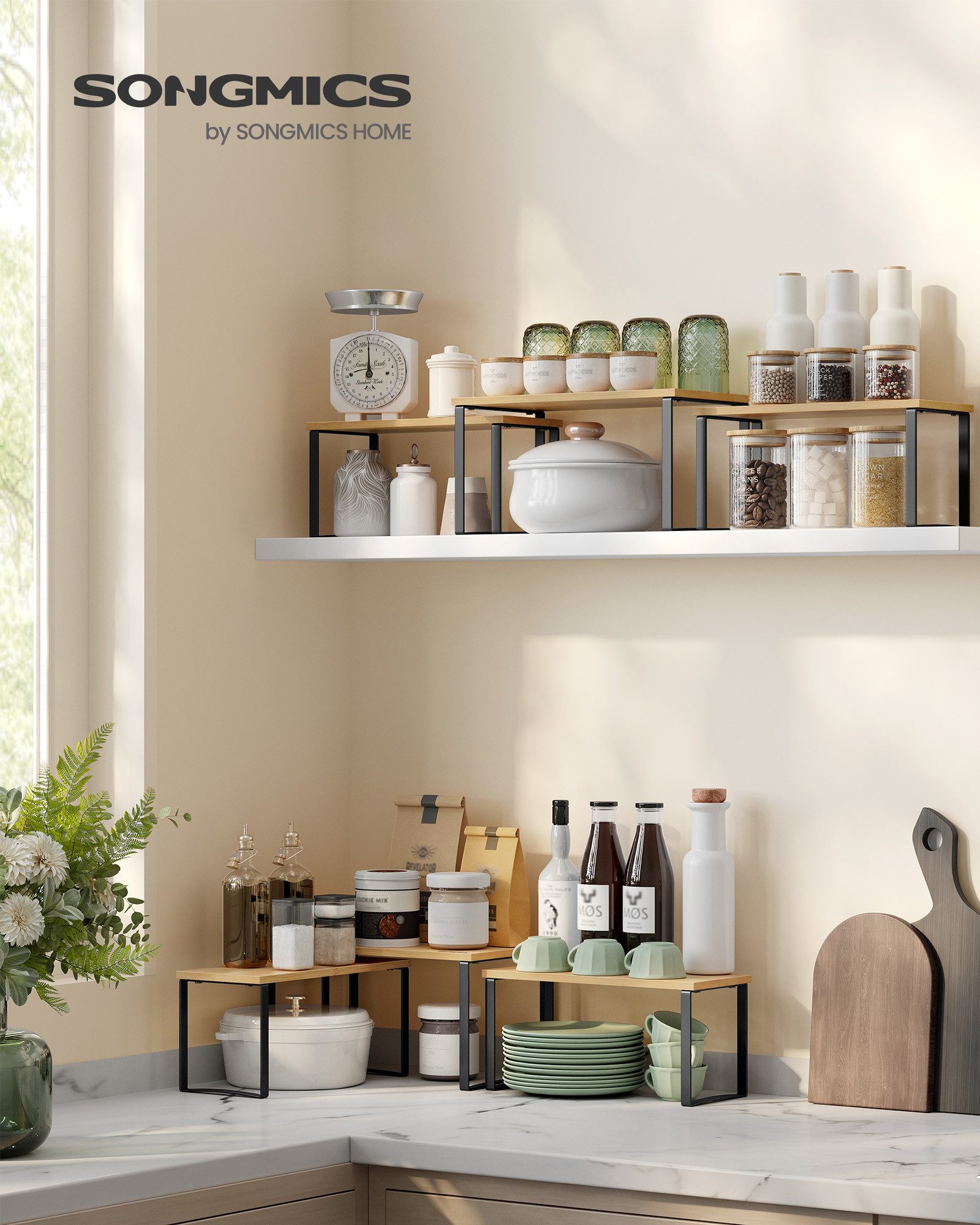 SONGMICS Gewürzregal, 3er Set, stapelbar, erweiterbar, Metall und Bambus günstig online kaufen