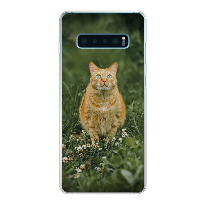 MuchoWow Handyhülle Katze - Blumen - Pflanzen - Mantel Phone Case Handyhülle Samsung Galaxy S10+ Silikon Schutzhülle