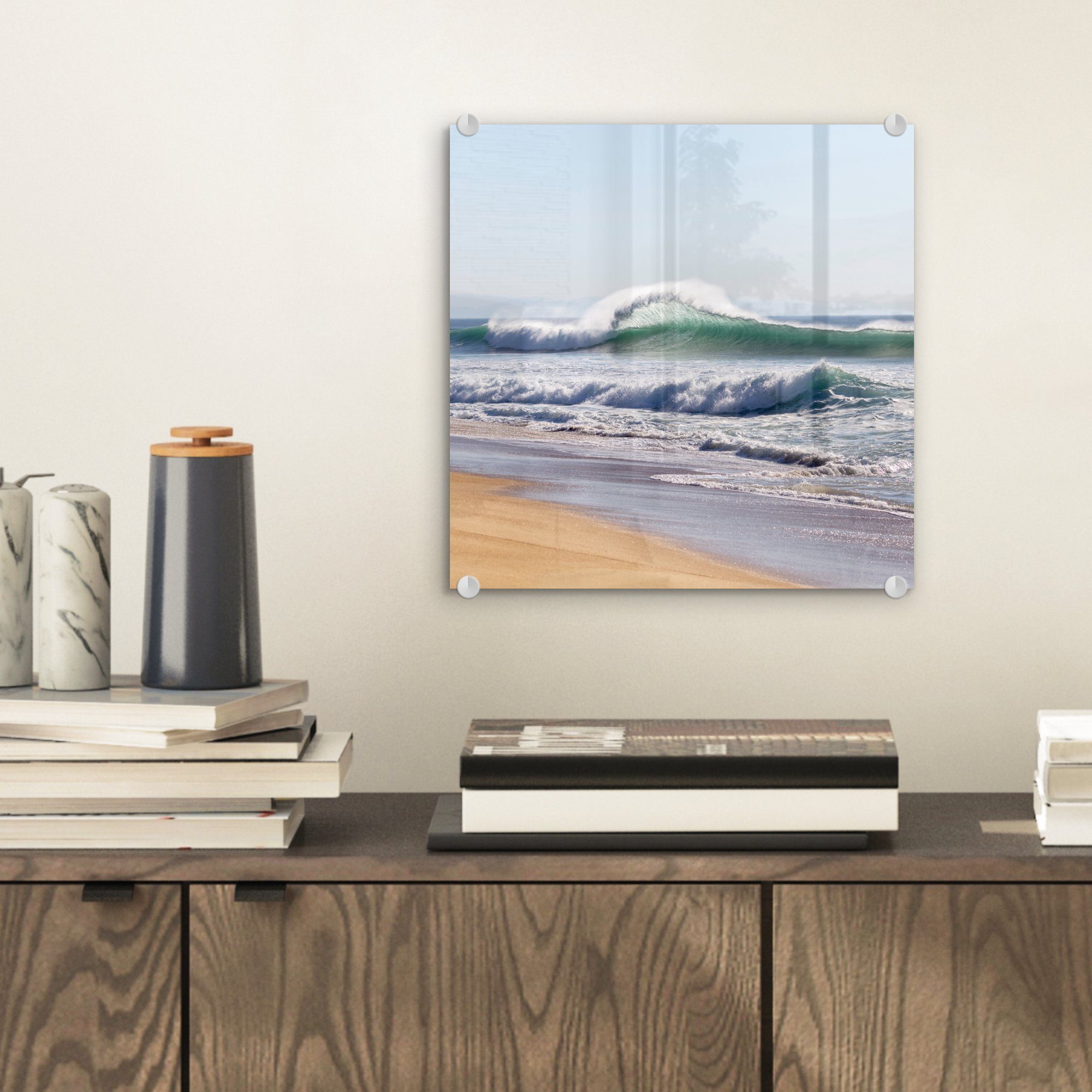 Glasbilder - St), MuchoWow - Wanddekoration - Meer, Wandbild Acrylglasbild Wellen auf auf (1 Glas Strand - - Foto Bilder Glas