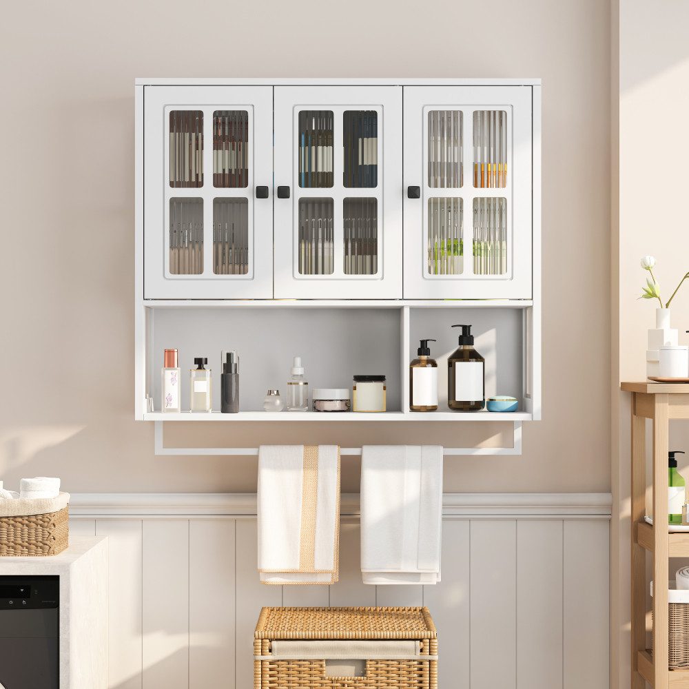 BBWL Hängeschrank mit 3 Türen, Glasfront, Handtuchhalter & Stauraum, moderner Badezimmer Wandschrank, Hängeschrank für Bad Wohnzimmer