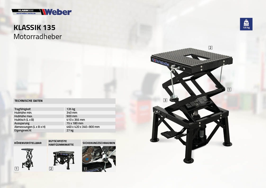 Weber GmbH Motorradheber Weber Motorradheber Klassik Serie – Hydraulikheber 135 kg, max. Hubhöhe: 90 cm, stufenlos höhenverstellbar (34-90cm), hydraulische Höhe – Bild 5 von 5