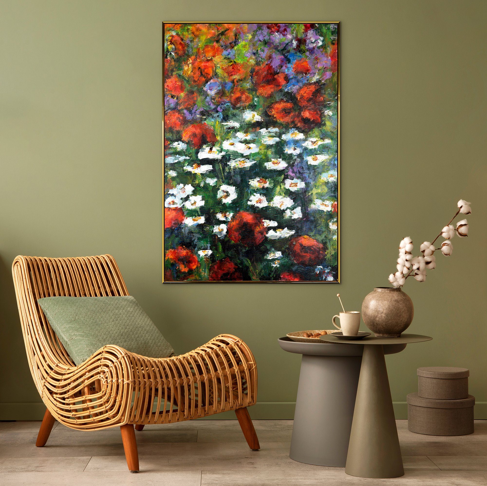 YS-Art Gemälde Blühende Weiten, Rahmen Blumen Mit in Gold
