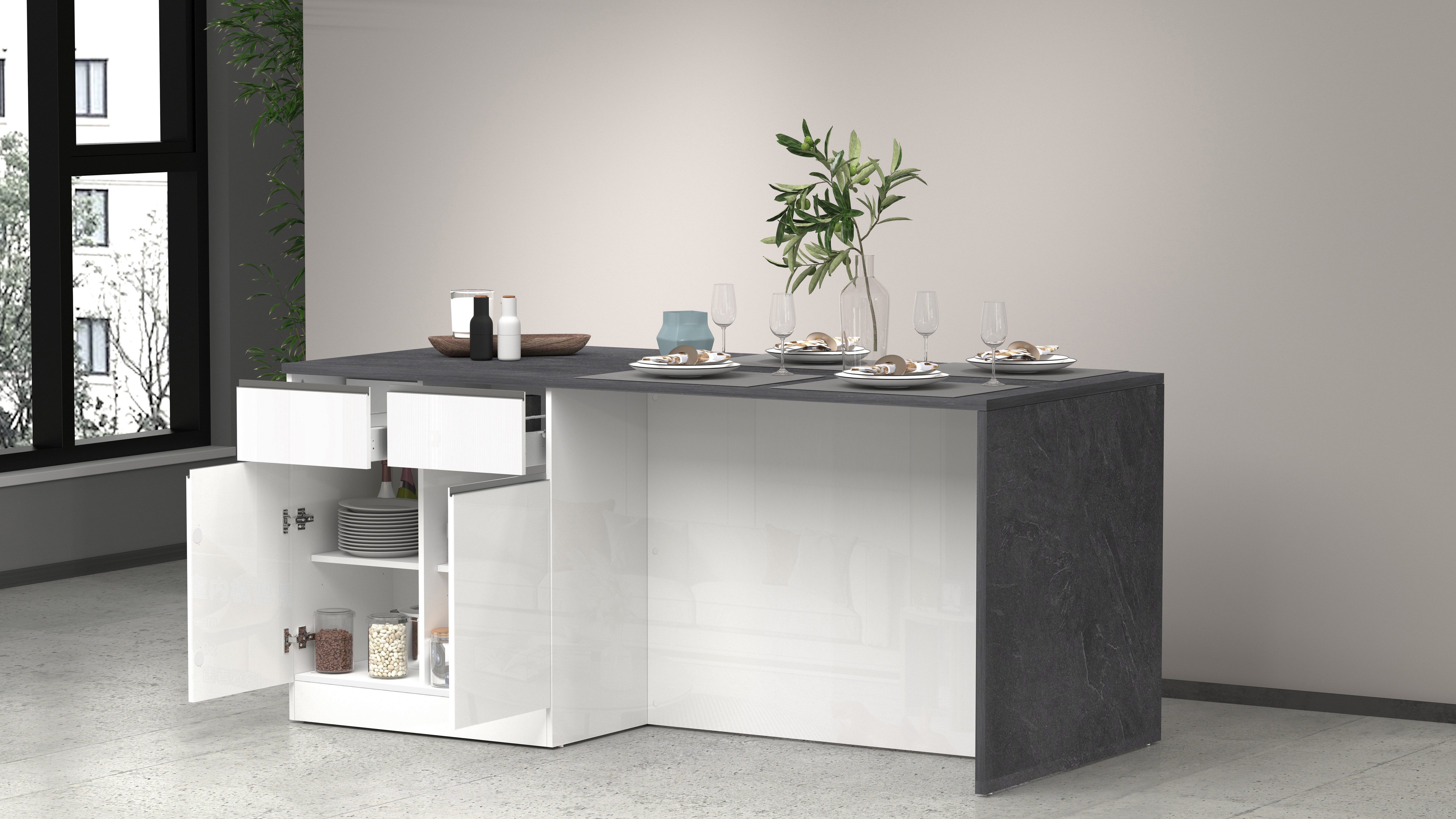 KOCHSTATION Kücheninsel Sole,Kochinsel,Küchenarbeitsblock,Inselküche,Arbeitsinsel, Breite 200 cm mit 4 Türen,4 Schubkästen, Aluminiumgriff