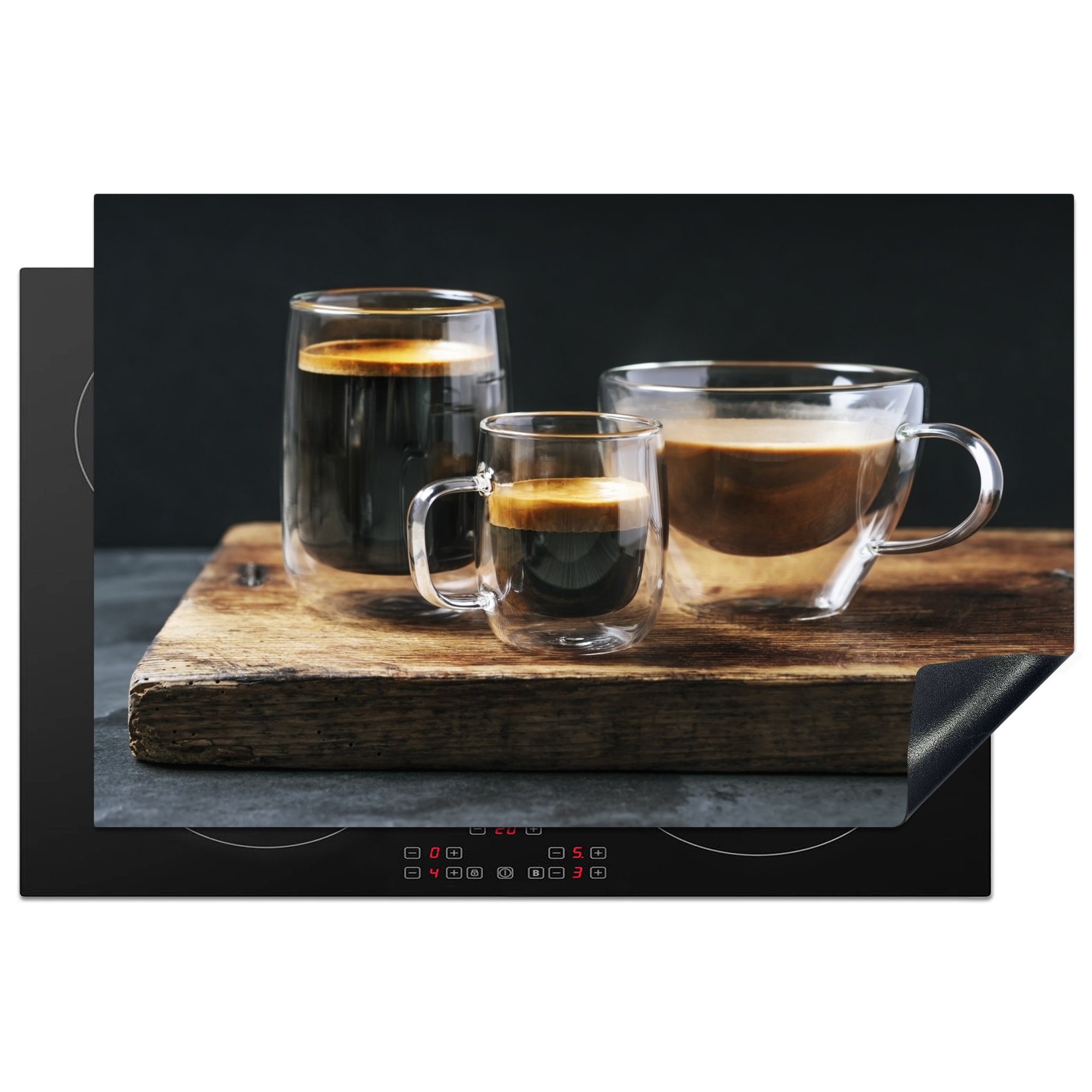 MuchoWow Herdblende-/Abdeckplatte Vielzahl von Tassen mit Kaffee und Espresso auf schwarzem Hintergrund, Vinyl, (1 tlg), 81x52 cm, Induktionskochfeld Schutz für die küche, Ceranfeldabdeckung