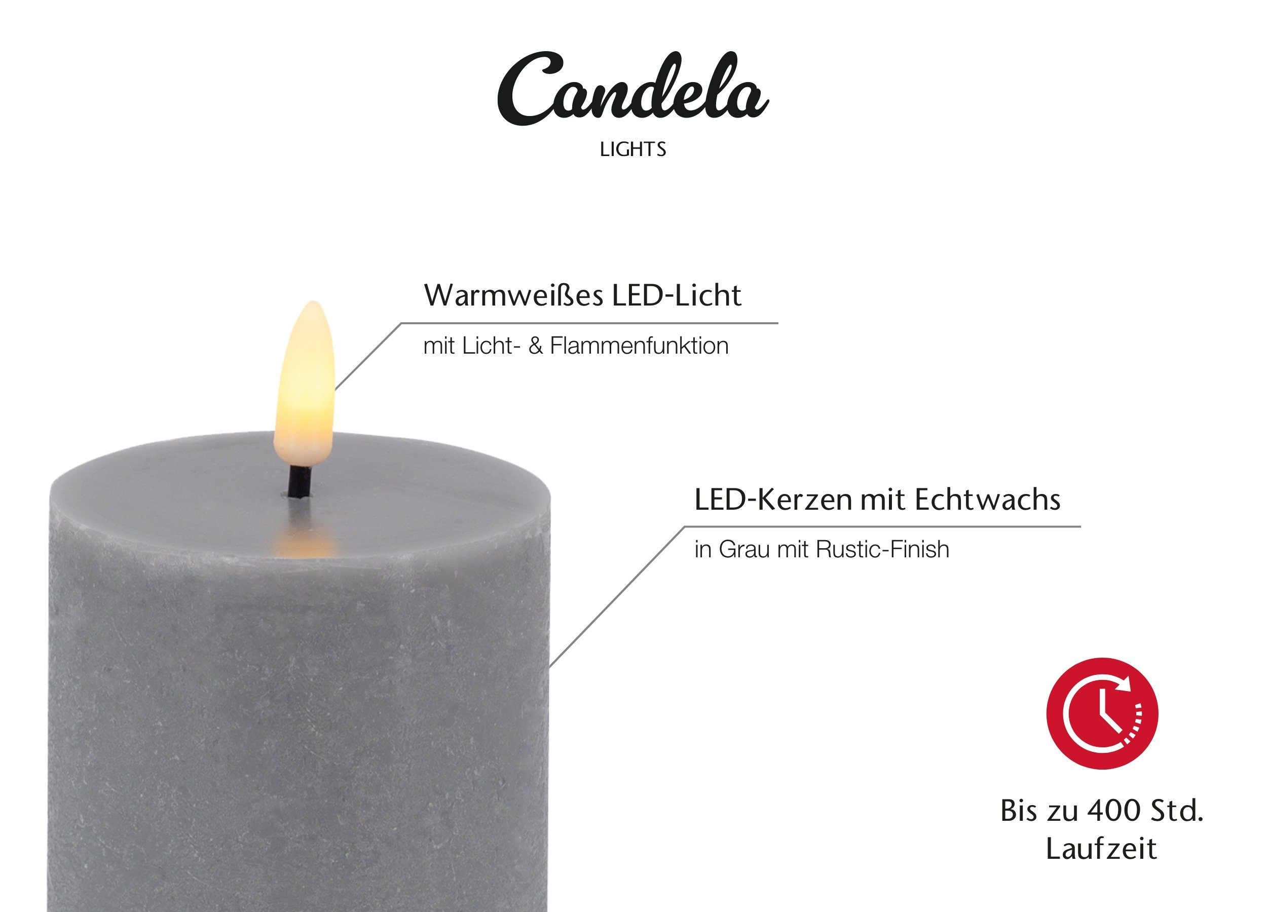 LC Home LED-Kerze Candela Lights LED Stumpenkerzen 4er Set Echtwachs grau rustic
