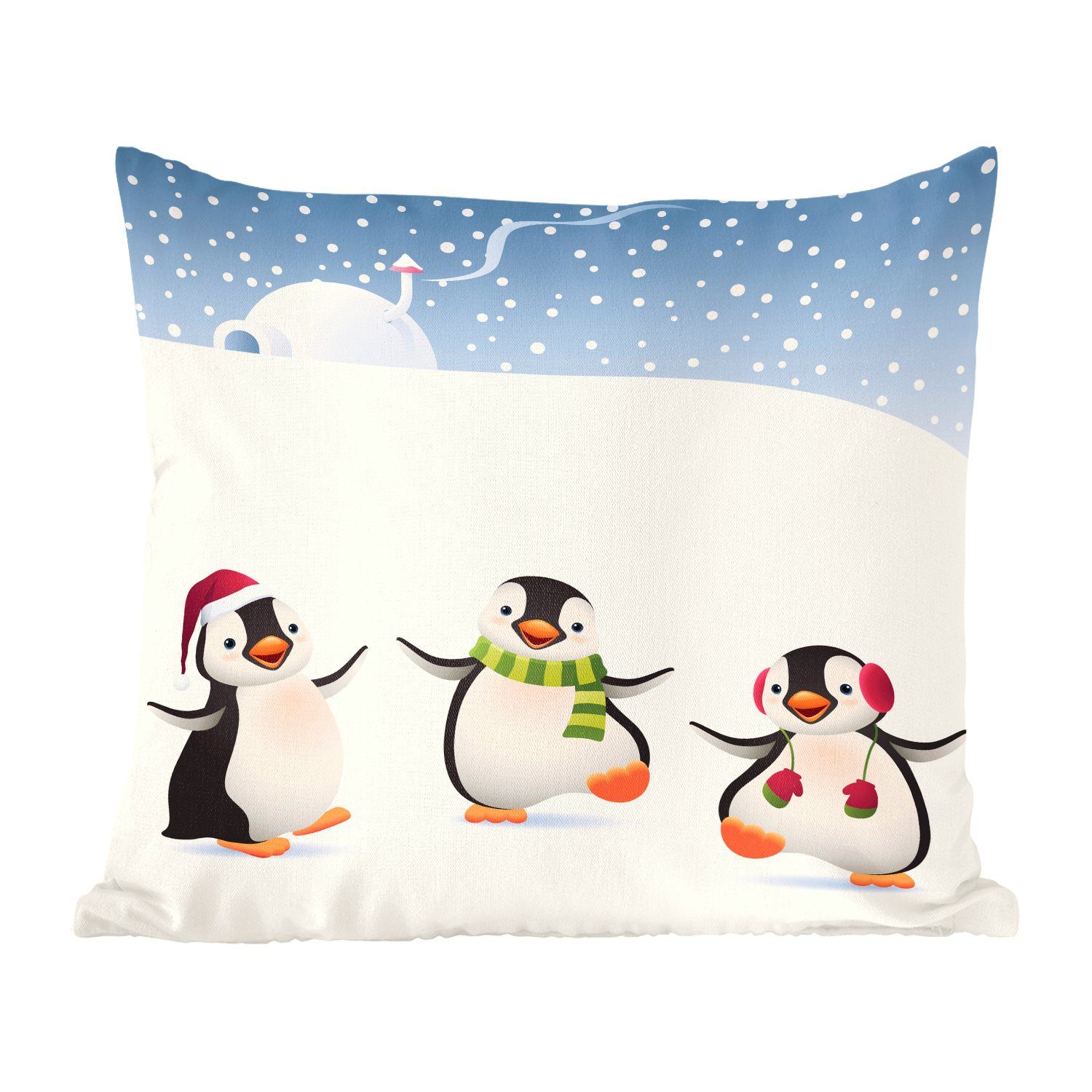 MuchoWow Dekokissen Illustration mit drei im Schnee tanzenden Pinguinen, Zierkissen mit Füllung für Wohzimmer, Schlafzimmer, Deko, Sofakissen