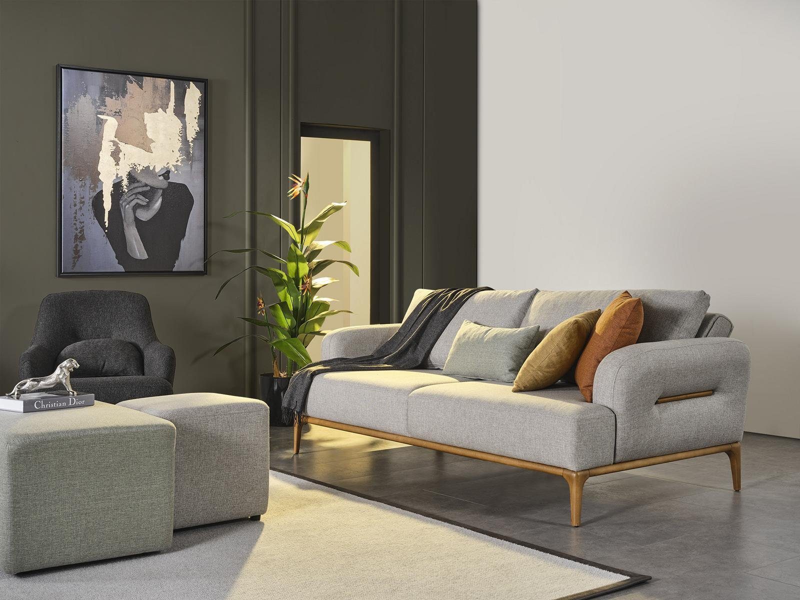 JVmoebel Sofa Sofagarnitur Wohnzimmer, Sitzer Luxus Stoff Made in Sofa 4+3+1 Grau Europa 3 Teile, Sessel