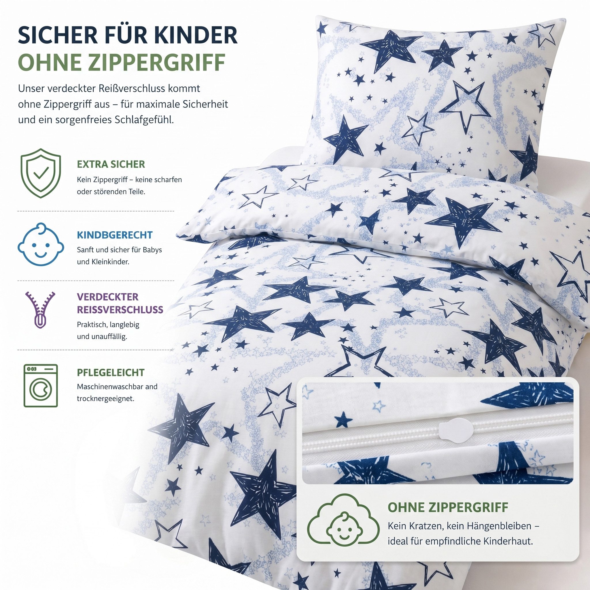Buymax Kinderbettwäsche Etoiles Kids Stars, Renforce: 100% Baumwolle, 2 teilig, 135x200 cm, 100% Baumwolle, Reißverschluss, Sterne