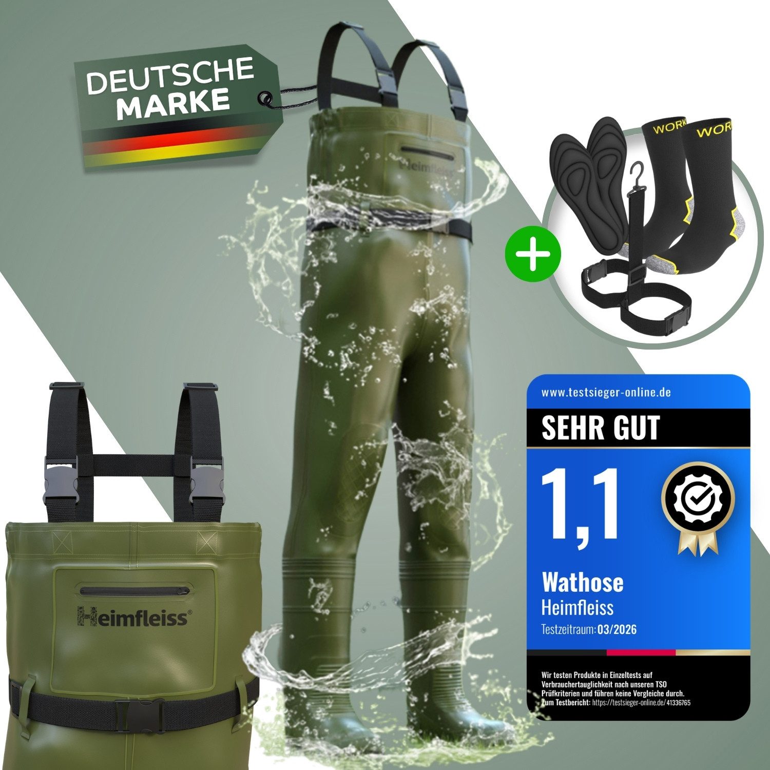 Heimfleiss® Wathose Anglerhose wasserdicht mit Stiefel Angeln Jagd (Komplettset mit Gürtel, 5-tlg., inkl. Socken & Einlegesohlen) rutschfeste Profilsohle verstärkte Knie