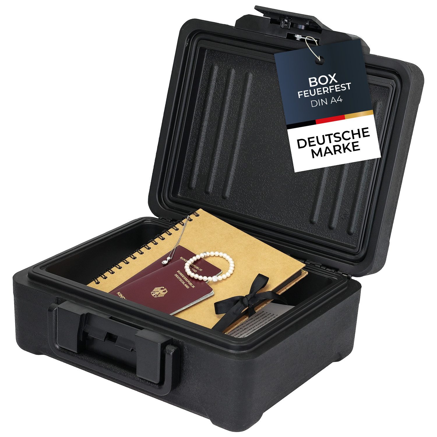 HMF Geldkassette Feuerfeste Dokumentenbox DIN A4 wasserdichte Geldkassette abschließbar, Dokumentensafe 36,5 x 32 x 15,5 cm, Schwarz