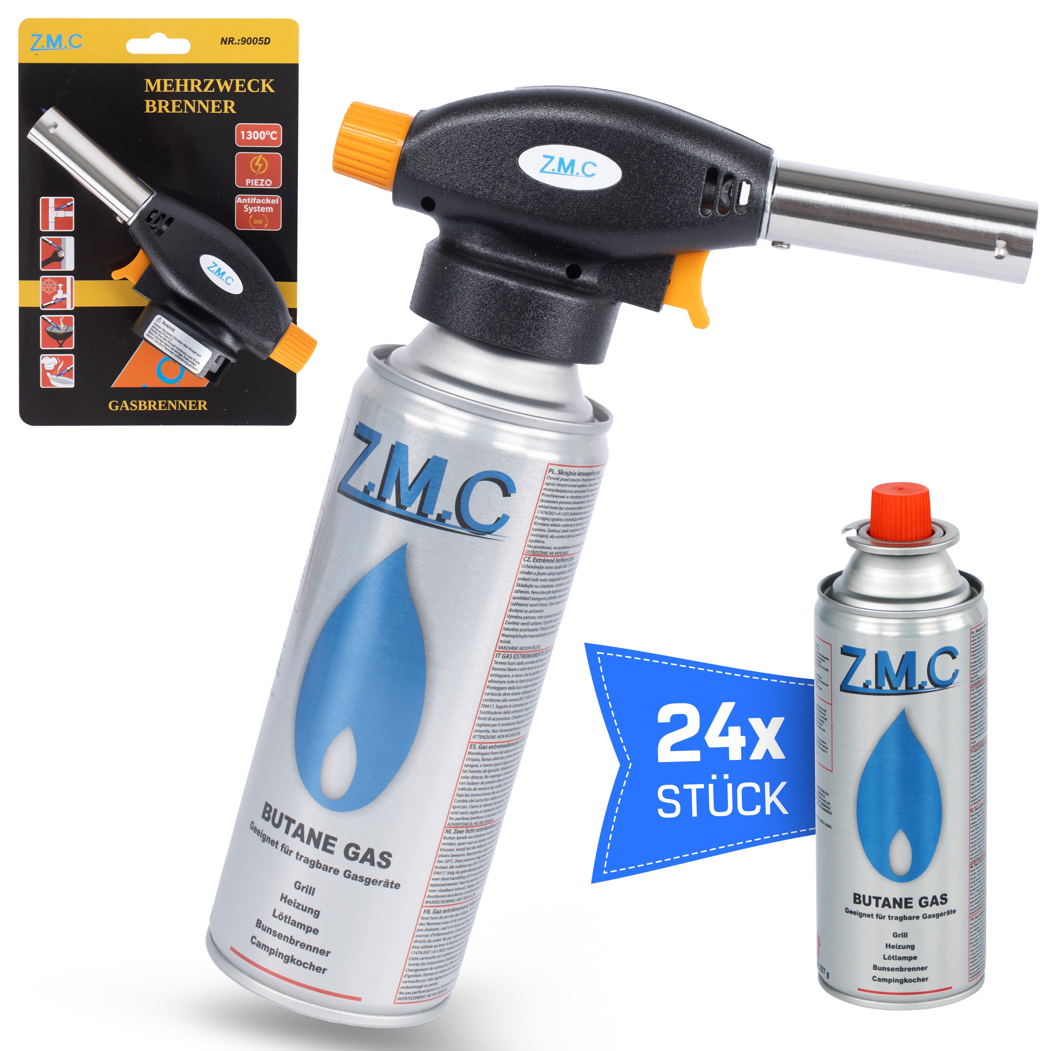 ZMC Flambierbrenner Gasbrenner Küchenbrenner 1,3KW mit Piezozündung, Einstellbare Flamme, (Temperatur von bis zu 1300 ° C Gasanzünder Lötbrenner Bunsenbrenner Kohleanzünder Butangasbrenner, 24-tlg), Brenneraufsatz Flambiergerät Creme Brulee Brenner