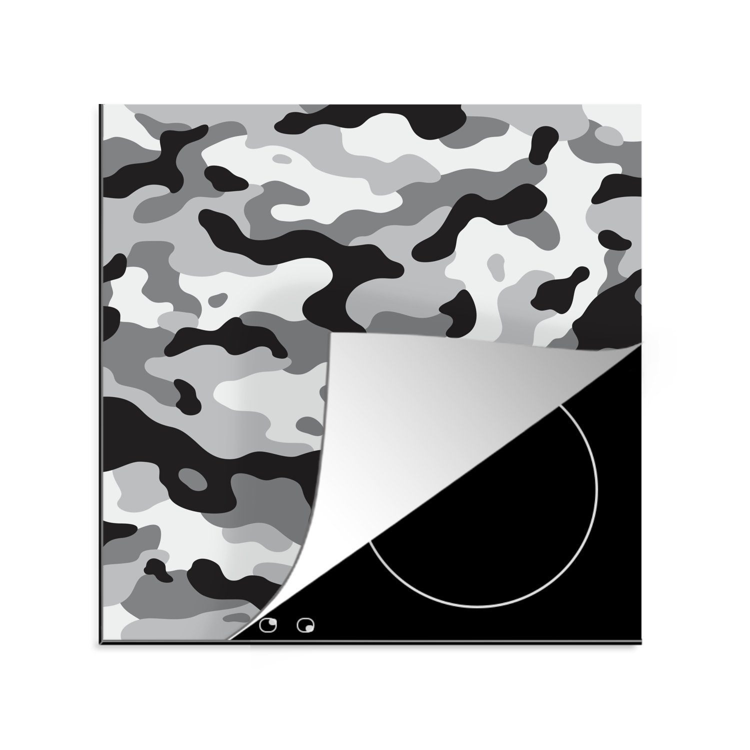 MuchoWow Herdblende-/Abdeckplatte Schwarz-weißes Camouflage-Muster, Vinyl, (1 tlg), 78x78 cm, Ceranfeldabdeckung, Arbeitsplatte für küche