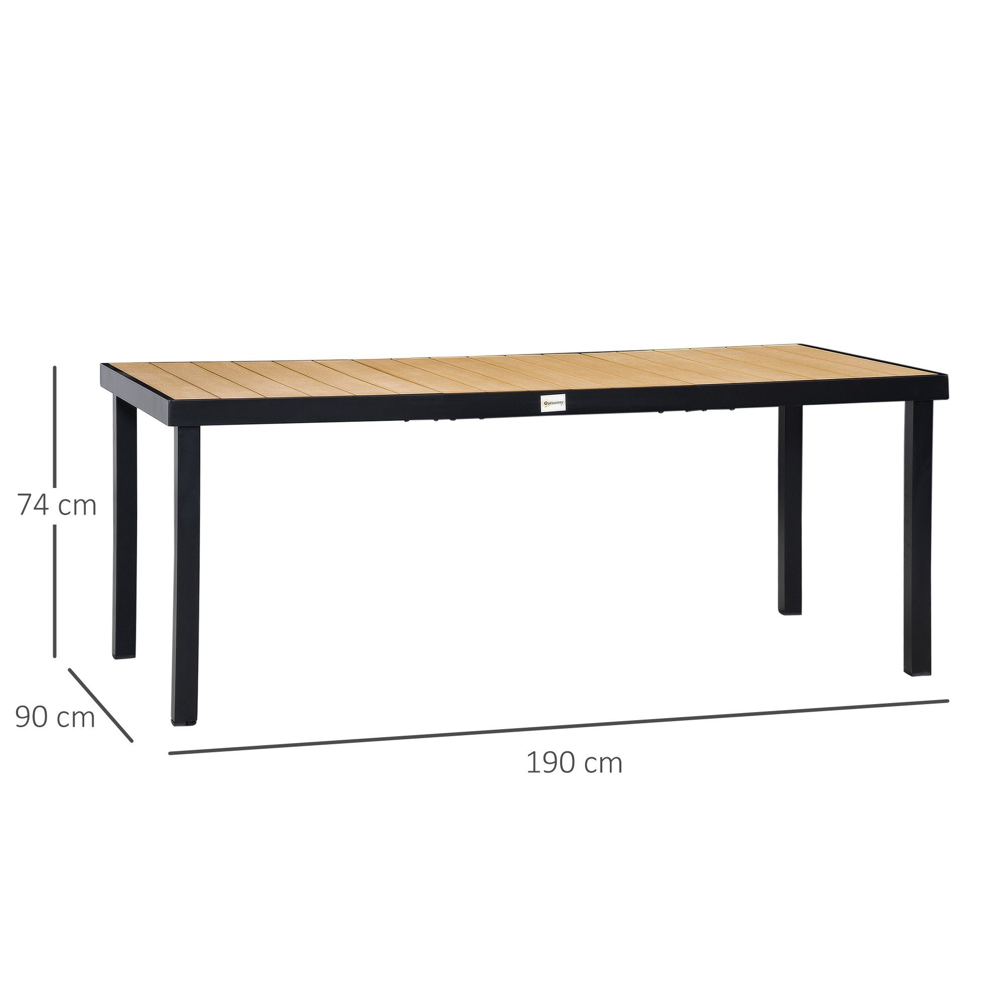 Outsunny Gartentisch Für 8 Personen Gartenmöbel Loungemöbel pflegeleicht Kunststoff (Aluminiumtisch, 1-St., Esstisch), Natur+Schwarz 190 x 90 x 74 cm