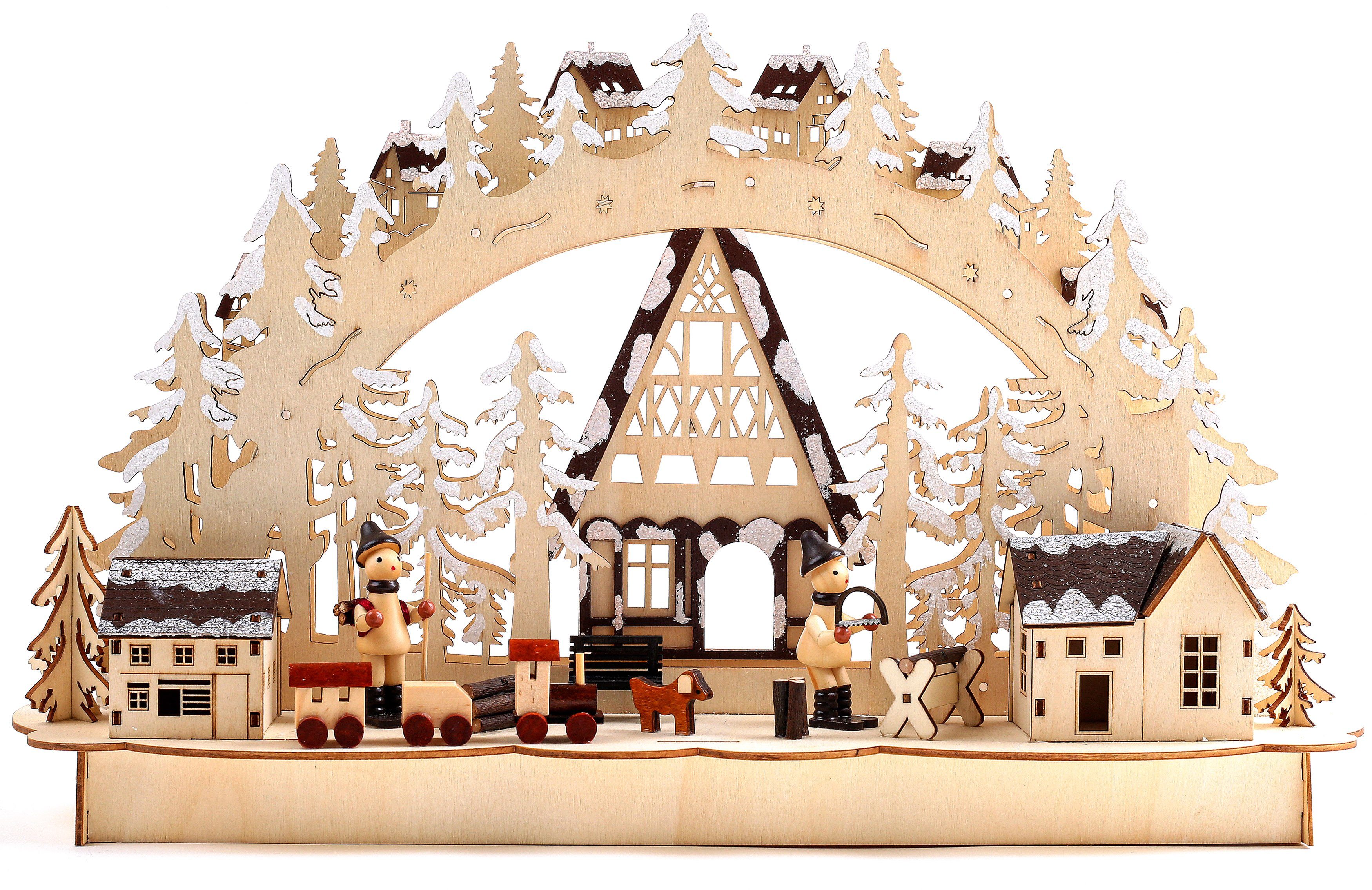 BRUBAKER LED Lichterbogen Schwibbogen - Winterlandschaft mit Holzarbeitern, traditioneller Holzbogen mit 3D Szene beleuchtet handbemalt 26,8 cm