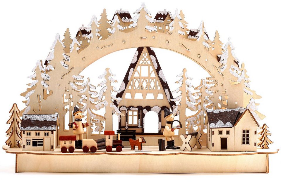 BRUBAKER LED Lichterbogen Schwibbogen - Winterlandschaft mit Holzarbeitern,  traditioneller Holzbogen mit 3D Szene beleuchtet handbemalt 26,8 cm