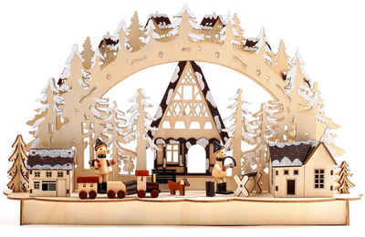 BRUBAKER LED Lichterbogen Schwibbogen - Winterlandschaft mit Holzarbeitern, traditioneller Holzbogen mit 3D Szene, beleuchtet, handbemalt, 26,8 cm hoch