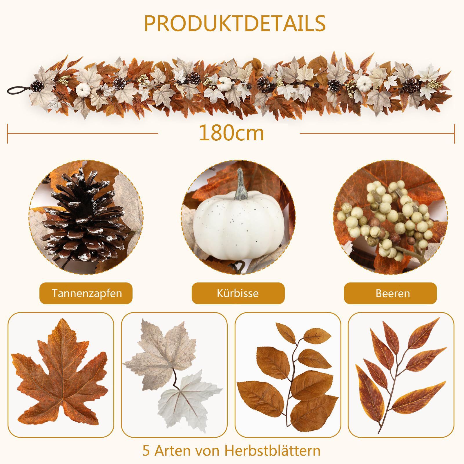 Kunstgirlande Künstlich Herbstgirlande mit Lichtern, Ahornblätter Herbstdeko, Sorvyzxn, mit Kürbissen, Beeren und Kiefernzapfen, Für Innen & Außen