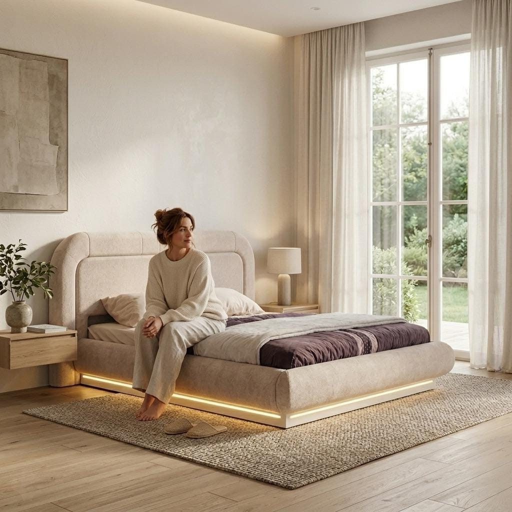 Xlmoebel Bett Beige Elegantes LED Schwebebett für modernes Schlafzimmerdesign, Made in Europa