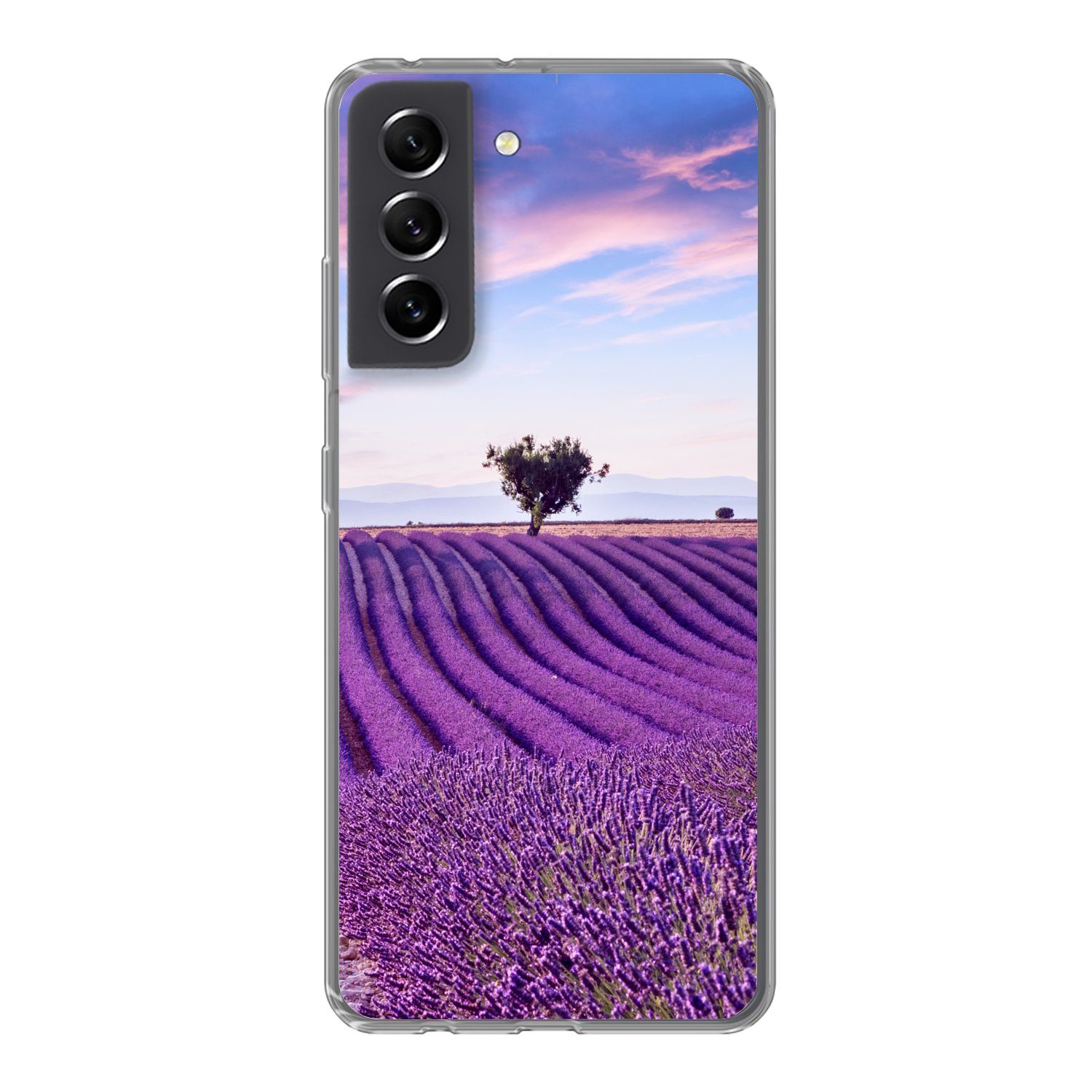 MuchoWow Handyhülle für Samsung Galaxy S21 FE Lavendel - Natur - Lila - Bäume - Blumen, Phone Case, Silikon, Schutzhülle Dünn