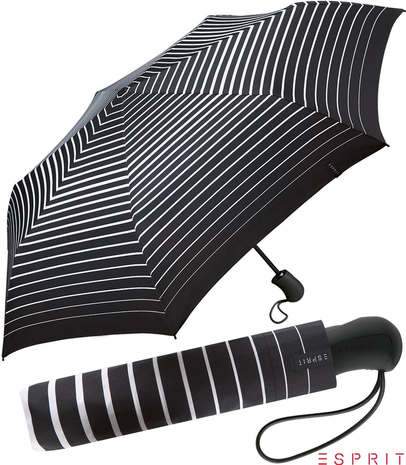 Esprit Taschenregenschirm Easymatic Light Auf-Zu Automatik Degradee Stripe - black, stabil, praktisch, in moderner Streifen-Optik schwarz-weiß