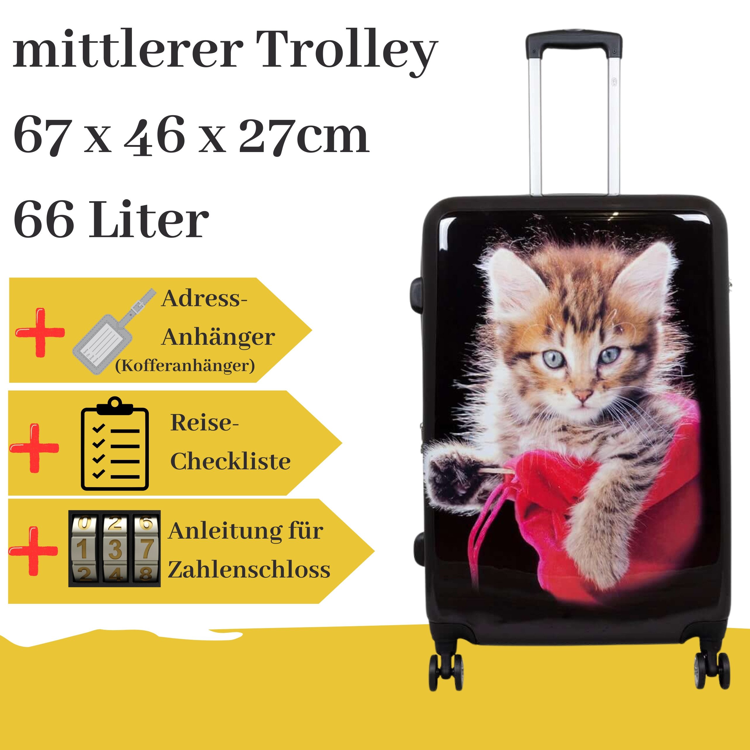GlücksNugget Hartschalen-Trolley mittlerer Hartschalentrolley Katze schwarz, 66 Liter