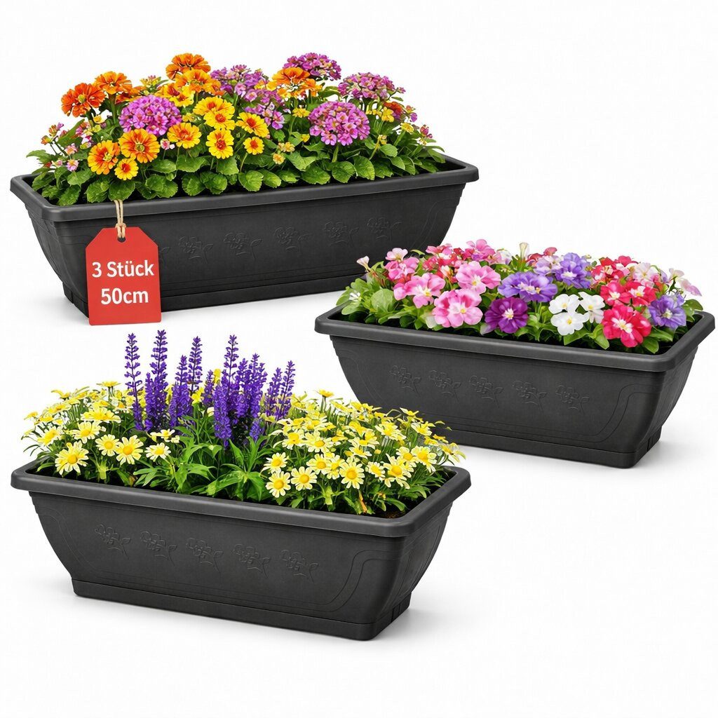BigDean Blumenkasten 50cm Anthrazit mit Untersetzer & Wasserspeicher (3 St), Robuster Kunststoff, UV-Beständig, Frostsicher, Made in Europe