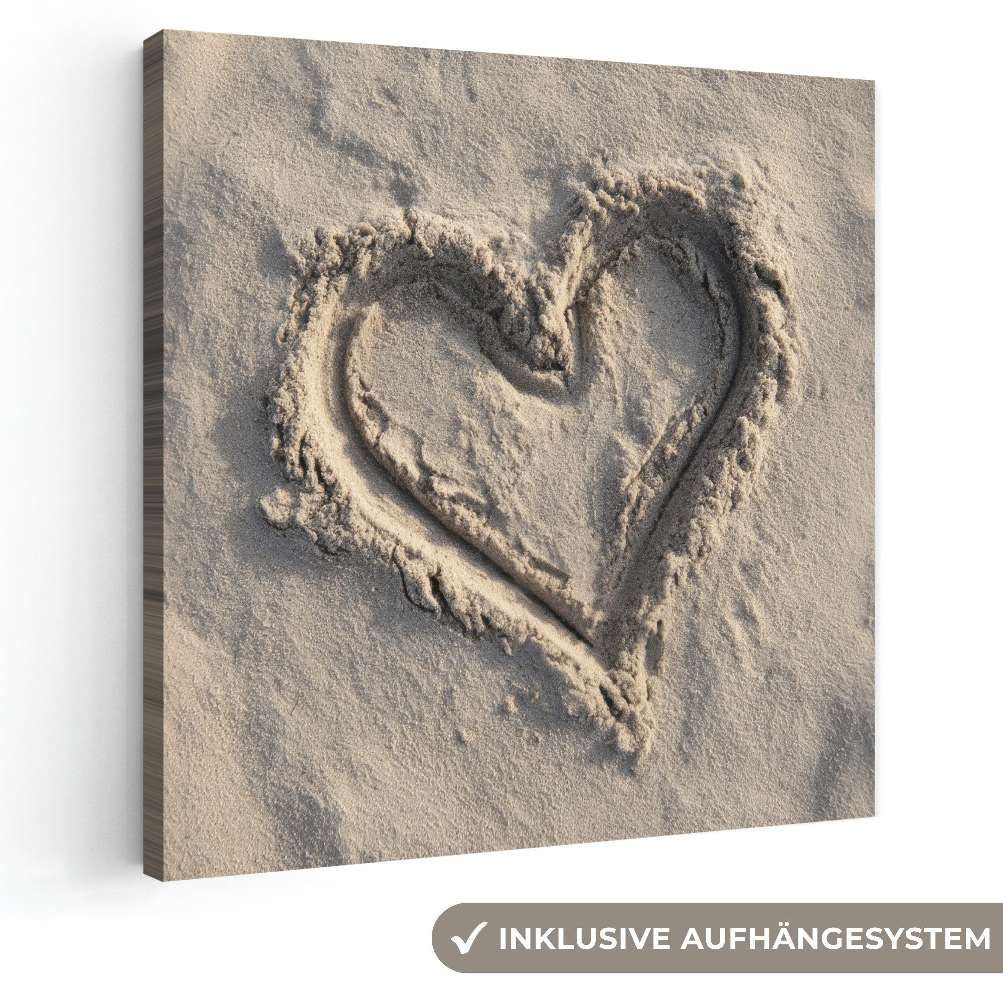 OneMillionCanvasses® Leinwandbild Herzform - Signiert - Beige - Sand, Fotodruck (1 St), Wandbild, Deko Schlafzimmer Wohnzimmer Flur 20x20 cm