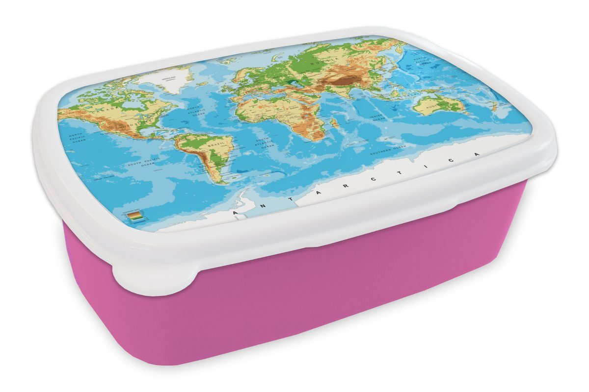 MuchoWow Lunchbox Weltkarte - Atlas - Farben - Kinder - Jungen - Mädchen, Kunststoff, (2-tlg), Brotbox für Erwachsene, Brotdose Kinder, Snackbox, Mädchen, Kunststoff rosa
