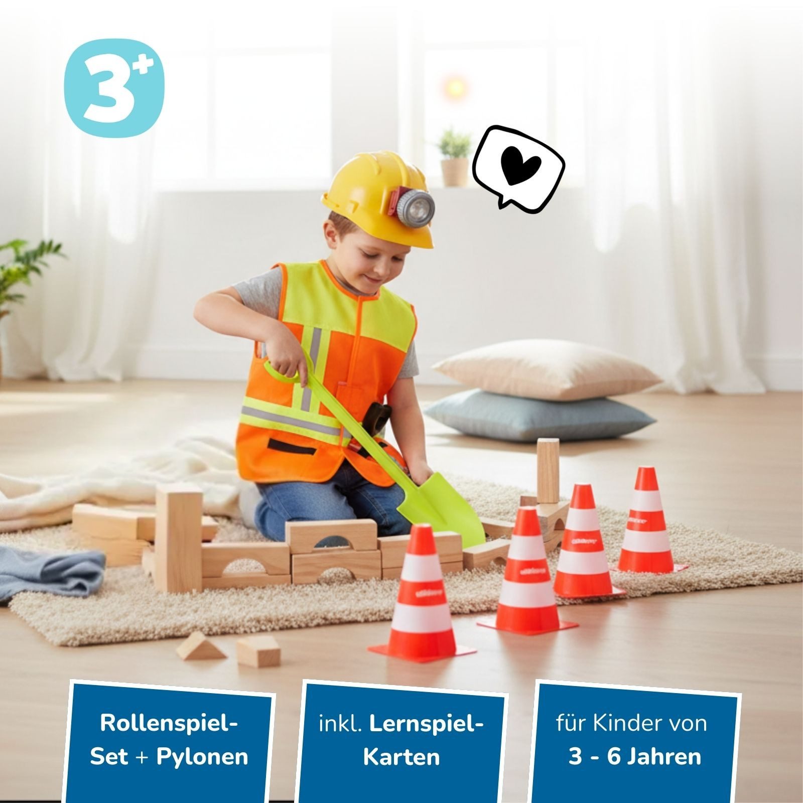 alldoro Spielzeug-Schutzweste Bauleitung Rollenspiel & Lernset, Bauleiter-Kostüm inkl. 4 Pylonen, für Kinder 3-6 Jahre, Verkleidung mit Weste, Helm, Zubehör & 8 Karten
