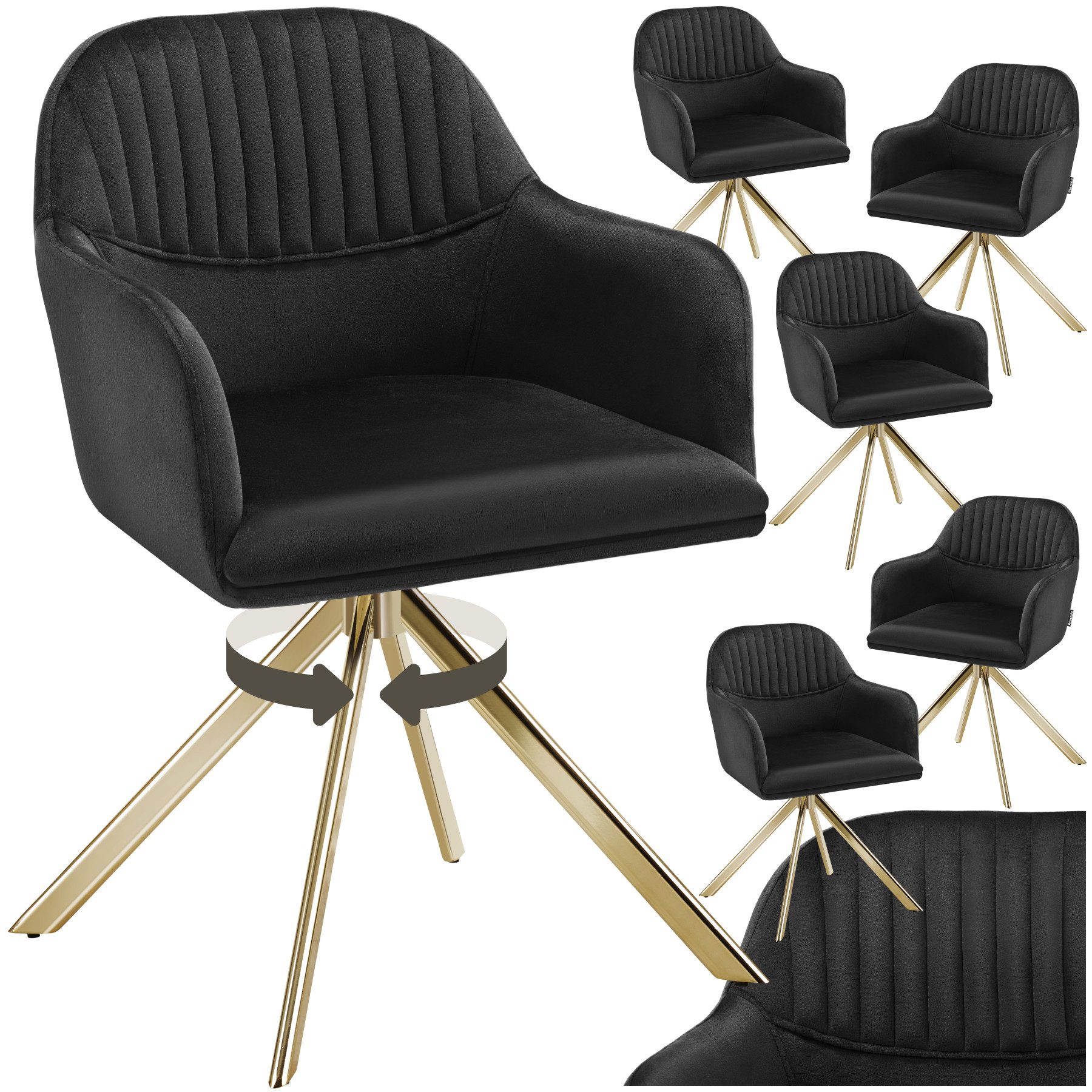 tectake Esszimmerstuhl Samt-Drehstuhl gepolstert, mit durchgehender Lehne, 56 x 59 x 81 cm (Bürostuhl Lona in schwarz/gold, 6 St), 360° drehbar, schlanke Stahlbeine, bodenschonend, Belastbarkeit 120 kg
