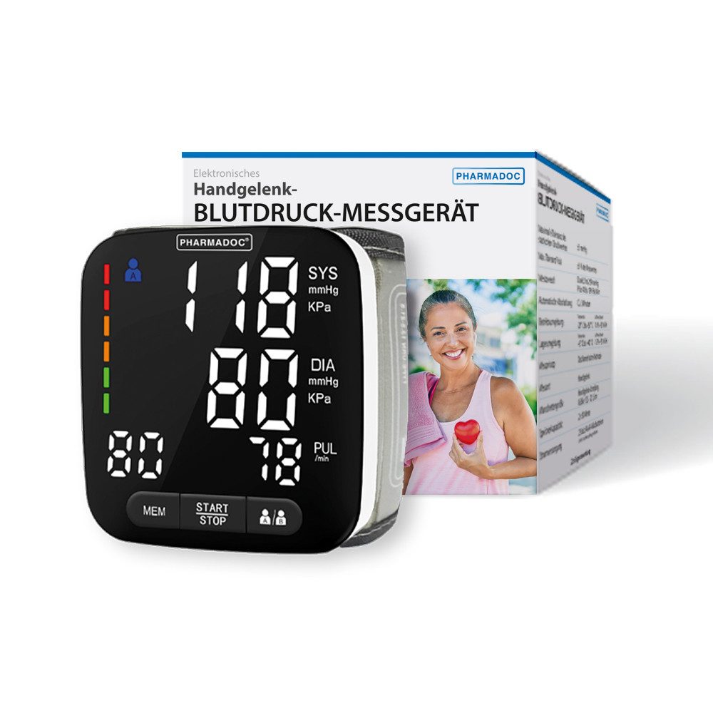 Pharmadoc Handgelenk-Blutdruckmessgerät, Ergebnisanzeige und Druckaufbau, 180 Messungen speicherbar