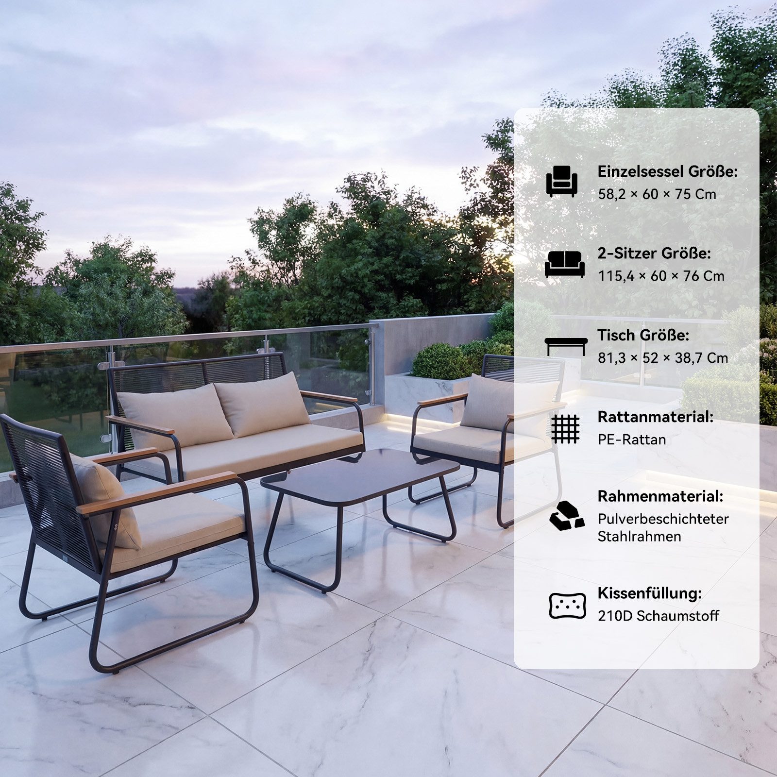 HOMAVO Gartenlounge-Set mit Couchtisch, 4-Sitzer aus Polyrattan, wasser- & UV-beständig, hohe Belastbarkeit, für Balkon, Terrasse & Garten