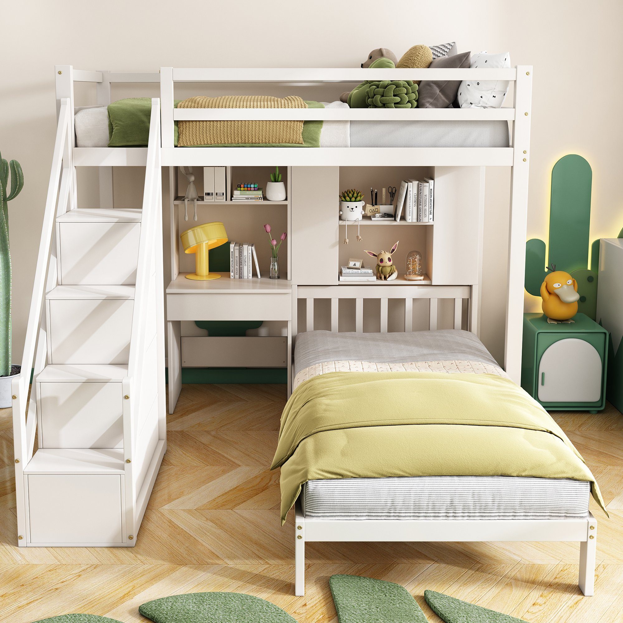 mit und Schreibtisch Treppe 90x200cm Kiefernholz Kinderbett Flieks Etagenbett,