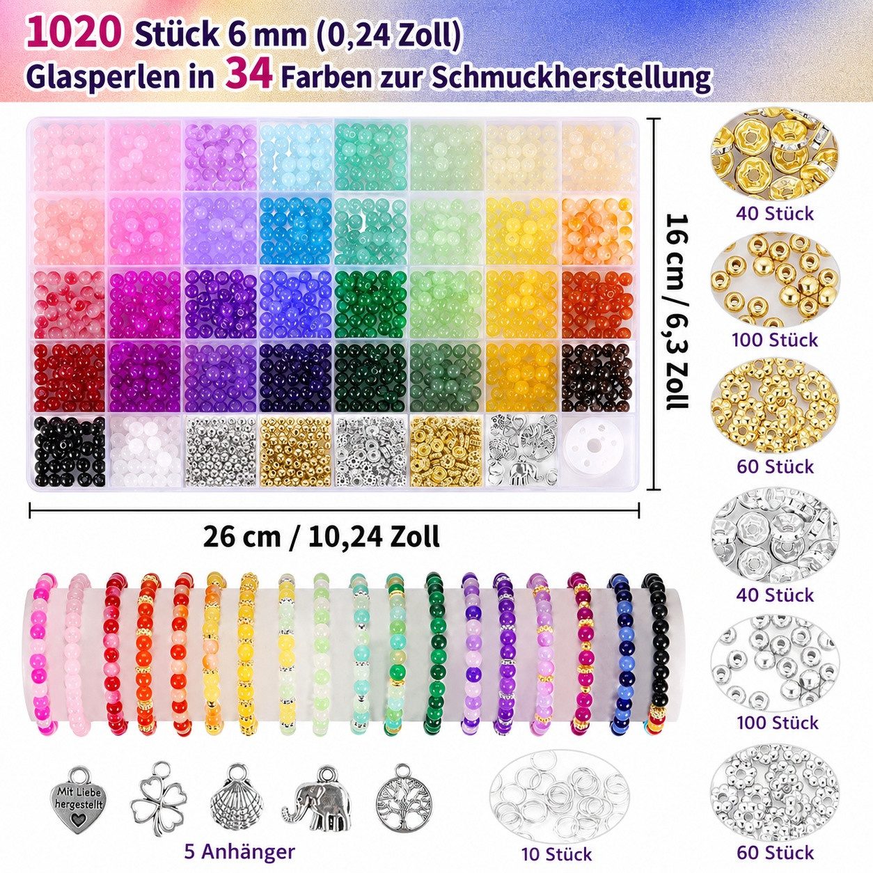 nsihing Ketten und Armband Set 1435 Stück Glasperlen, 6mm 34 Farben Perlen für Armbänder (Perlen Set für Armband Basteln Schmuckherstellung, 1435-tlg), Perlens  – Bild 2 von 5
