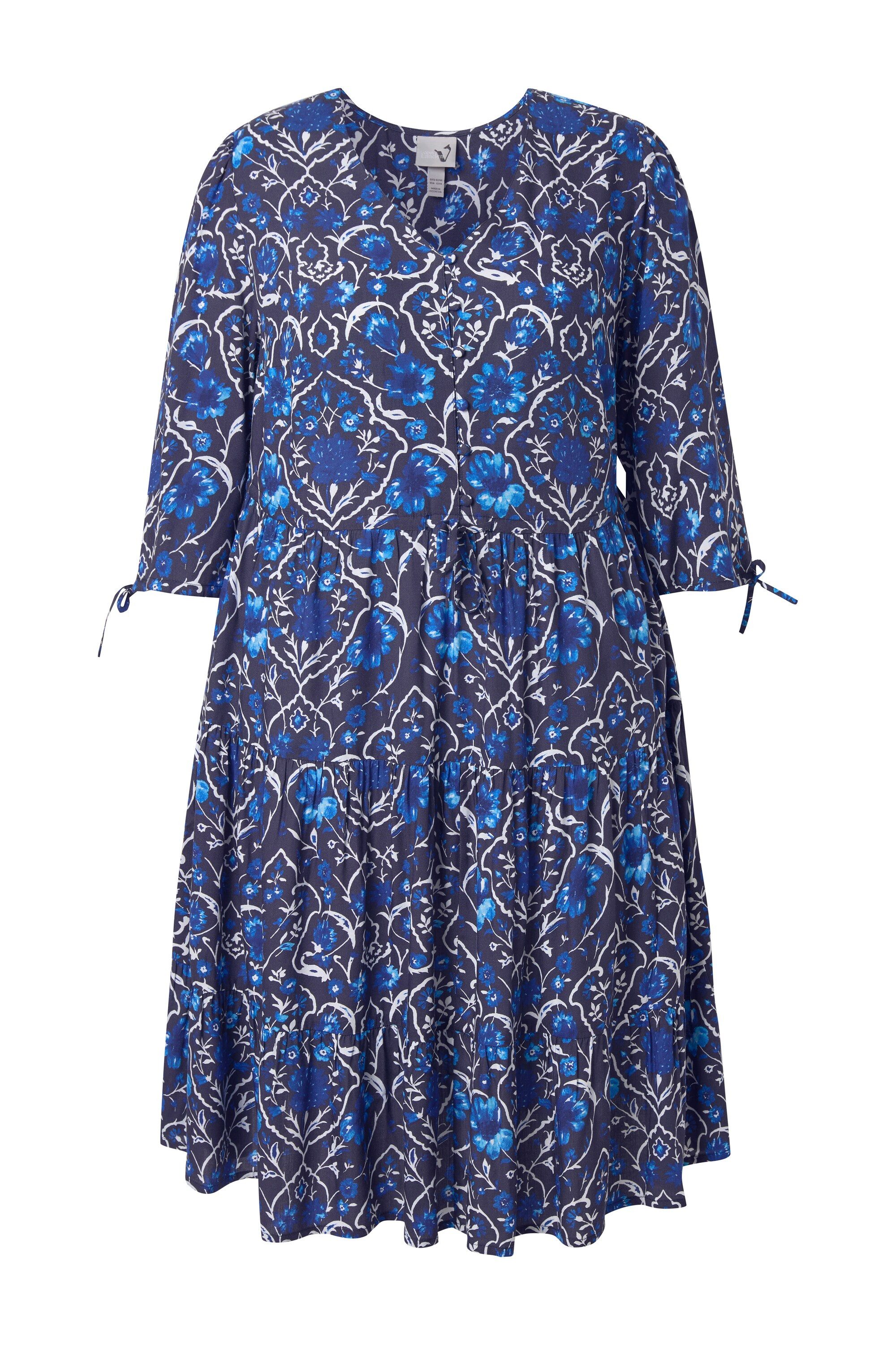 Ulla Popken Midikleid Midikleid Blüten V-Ausschnitt 3/4-Arm Taschen