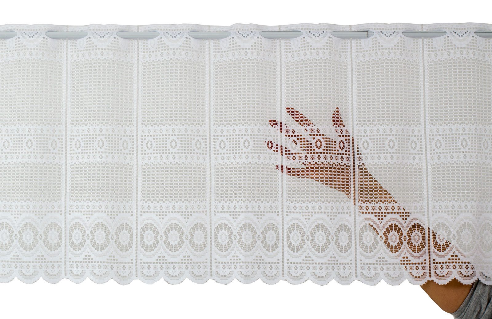 Gardinen Kranzusch Scheibengardine Jacquard gebogt Abschluss (1 St), Stangendurchzug, transparent, Stablöcher,transparent,verschiedene Höhen, Breiten