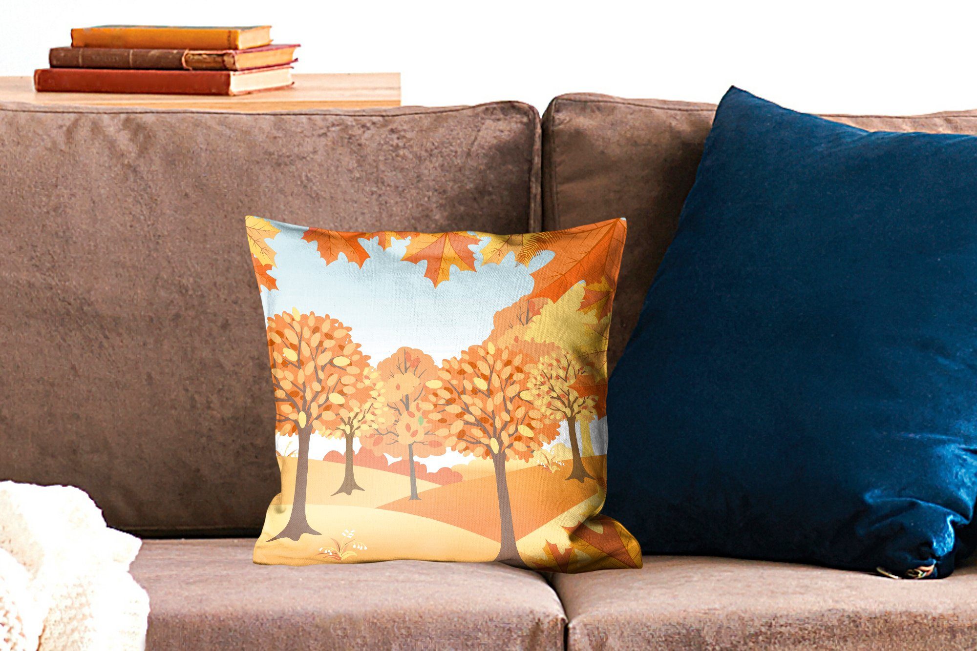 Wohzimmer, MuchoWow für Schlafzimmer, von Illustration mit Sofakissen Eine Dekokissen Füllung Zierkissen Deko, Herbstbäumen,
