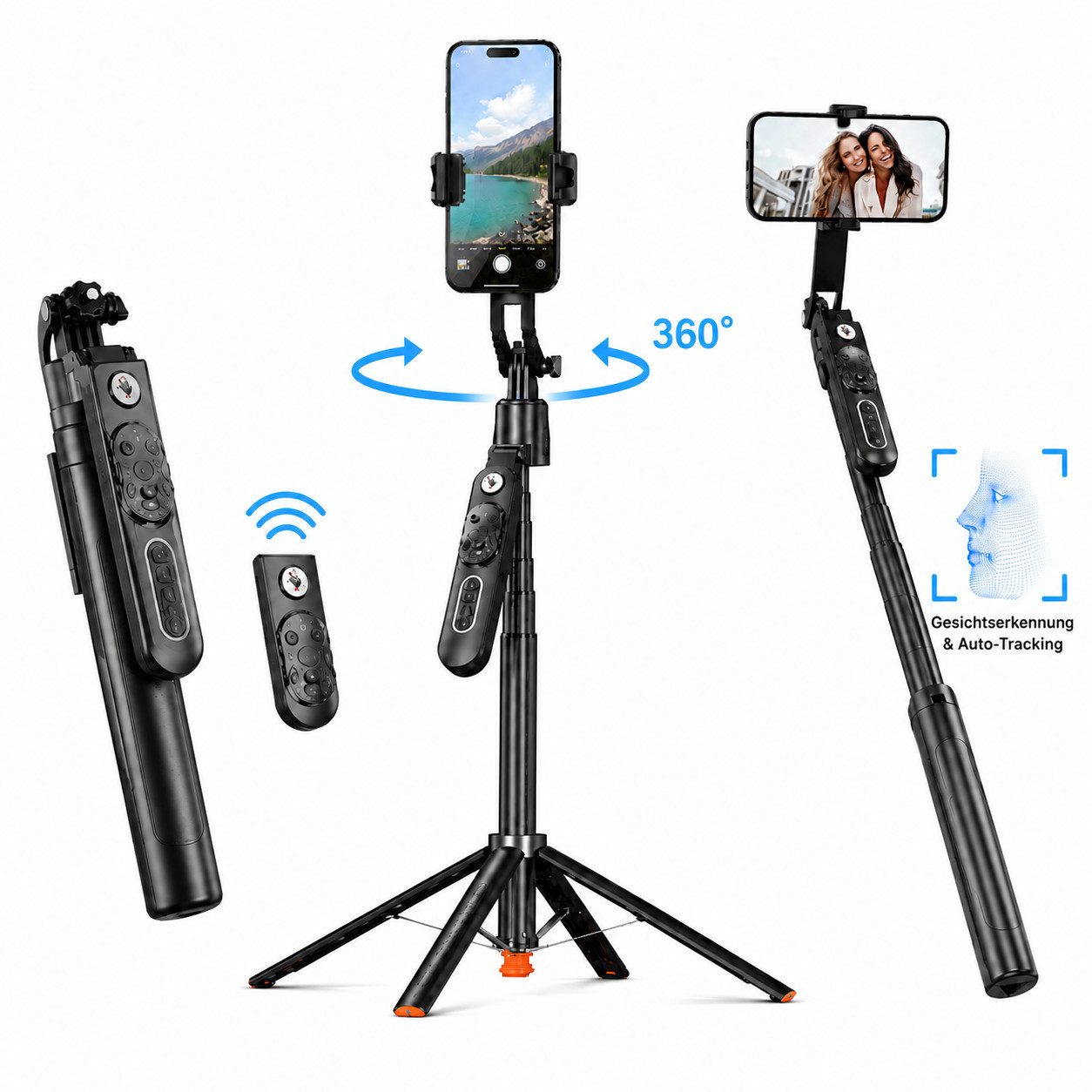 Fyrove Selfie-Stick 360° Gesichtsverfolgung Bluetooth-Fernbedienung 183 cm Teleskopstativ, integrierter Nachführfunktion Vlog/Live-Stream/Videoaufzeichnung