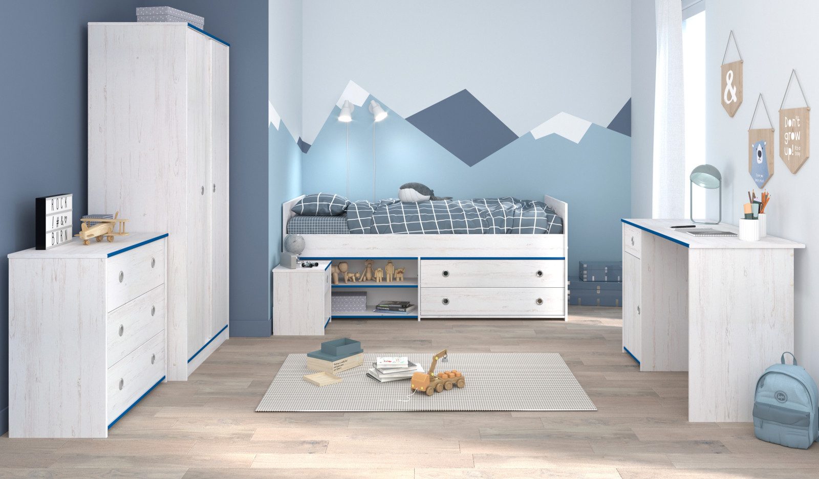 Parisot Jugendzimmer-Set Tivaro, (Komplett-Set 5-teilig in Kiefer weiß mit blau oder pink, inkl. Stauraumbett und Kleiderschrank), mit extra viel Stauraum