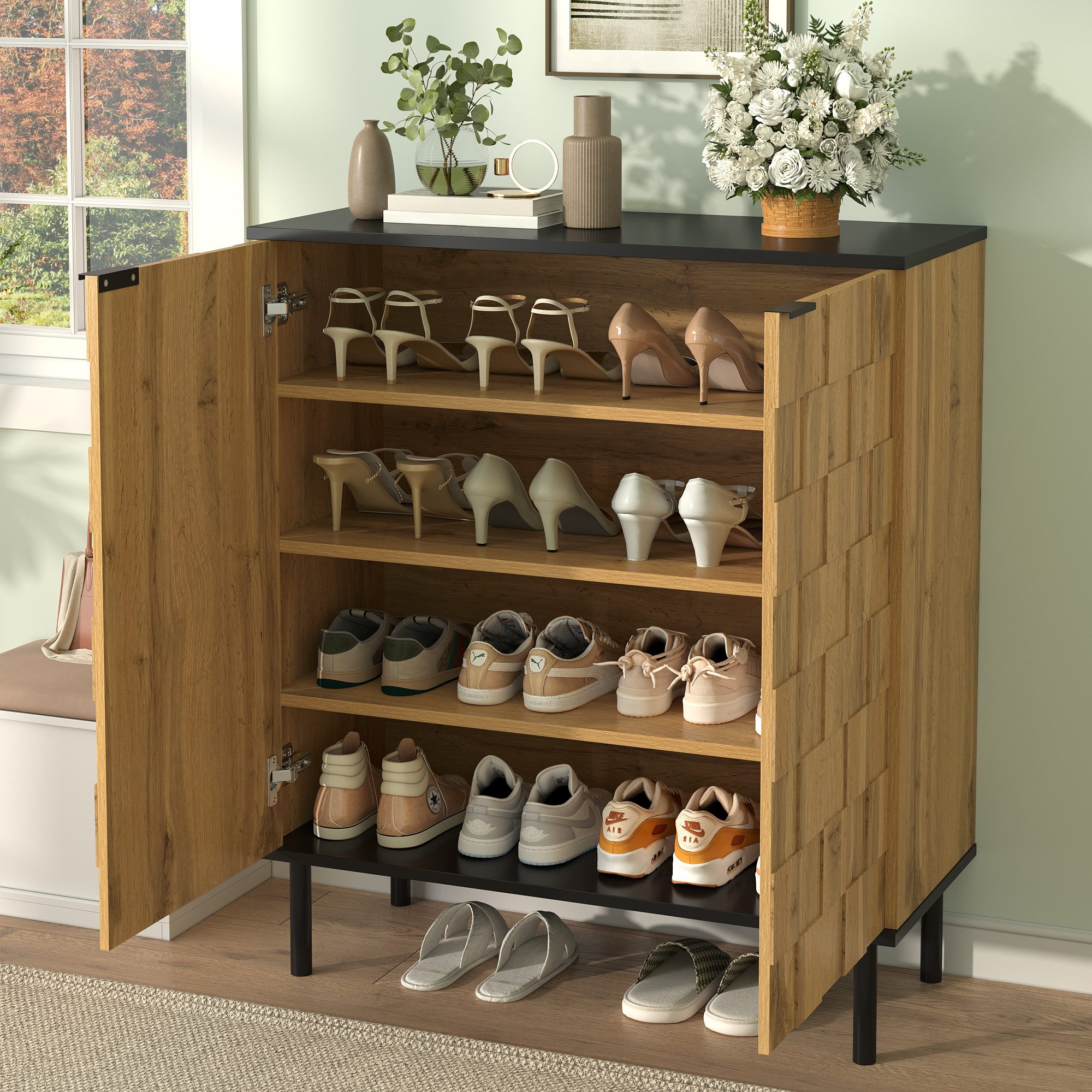 MODFU Schuhschrank 80x91,5x35 cm Mosaik-Schuhschrank 2-türig, Holzoptik, Metallfüße (Packung, 1-St., Höhenverstellbare Fächer, Spanplatte) Aufbewahrungsschrank für Flur & Eingangsbereich