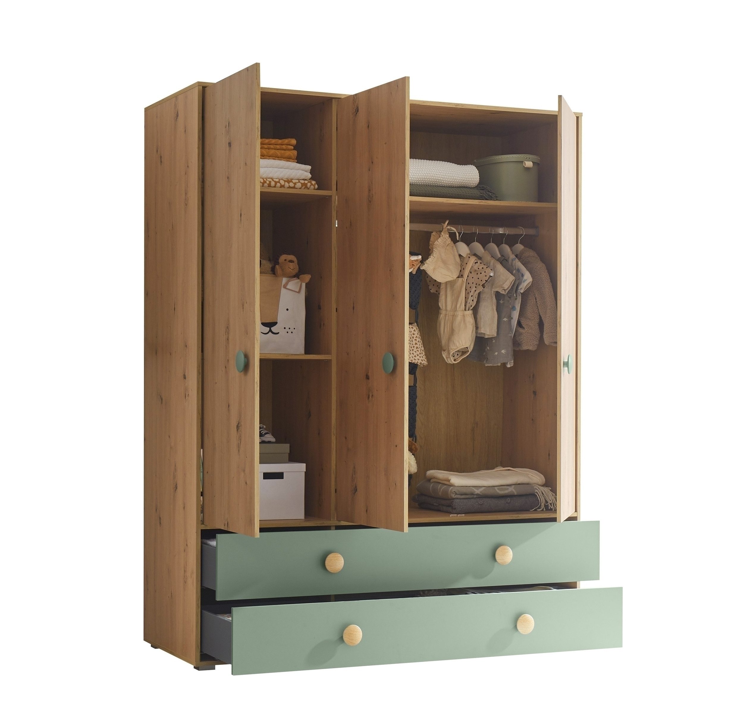 PREISBRECHER Babyzimmer-Komplettset Birta, (3-teilig) Artisan Eiche / Salbei, Schrank, Wickelkommode, Babybett