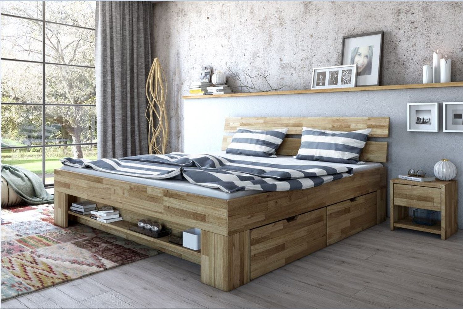 freiraum Massivholzbett Link, Regal / Schubkästen, Liegefl. 180x200, Wildeiche - 185x88x215 (BxHxT)