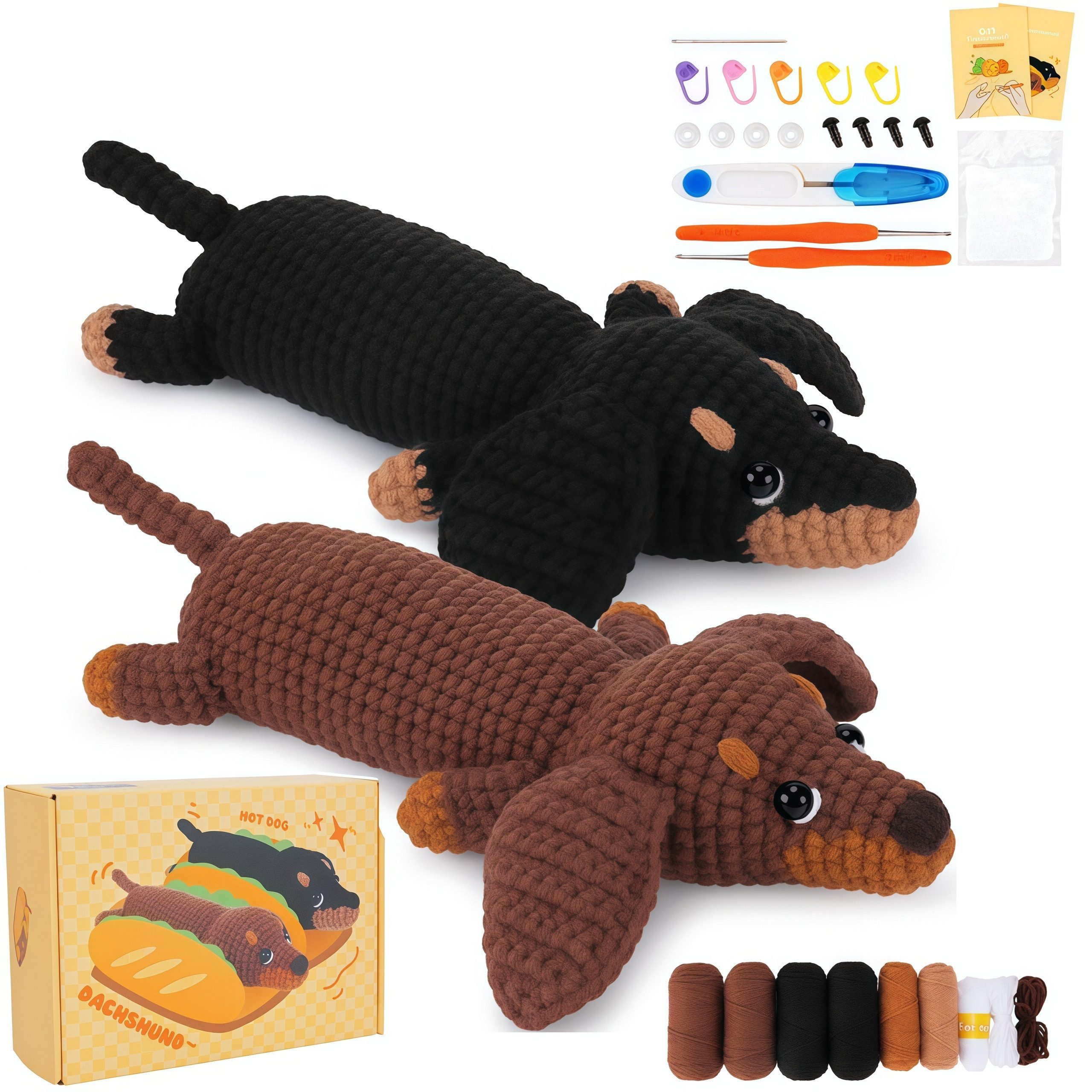 FOUORTUNATE-BEE Häkelnadeln Häkel-Anfänger-Set: Dackel-Tier-Kit mit Garn und Zubehör, Schritt-für-Schritt-Anleitung mit Haken, Nadeln und Video
