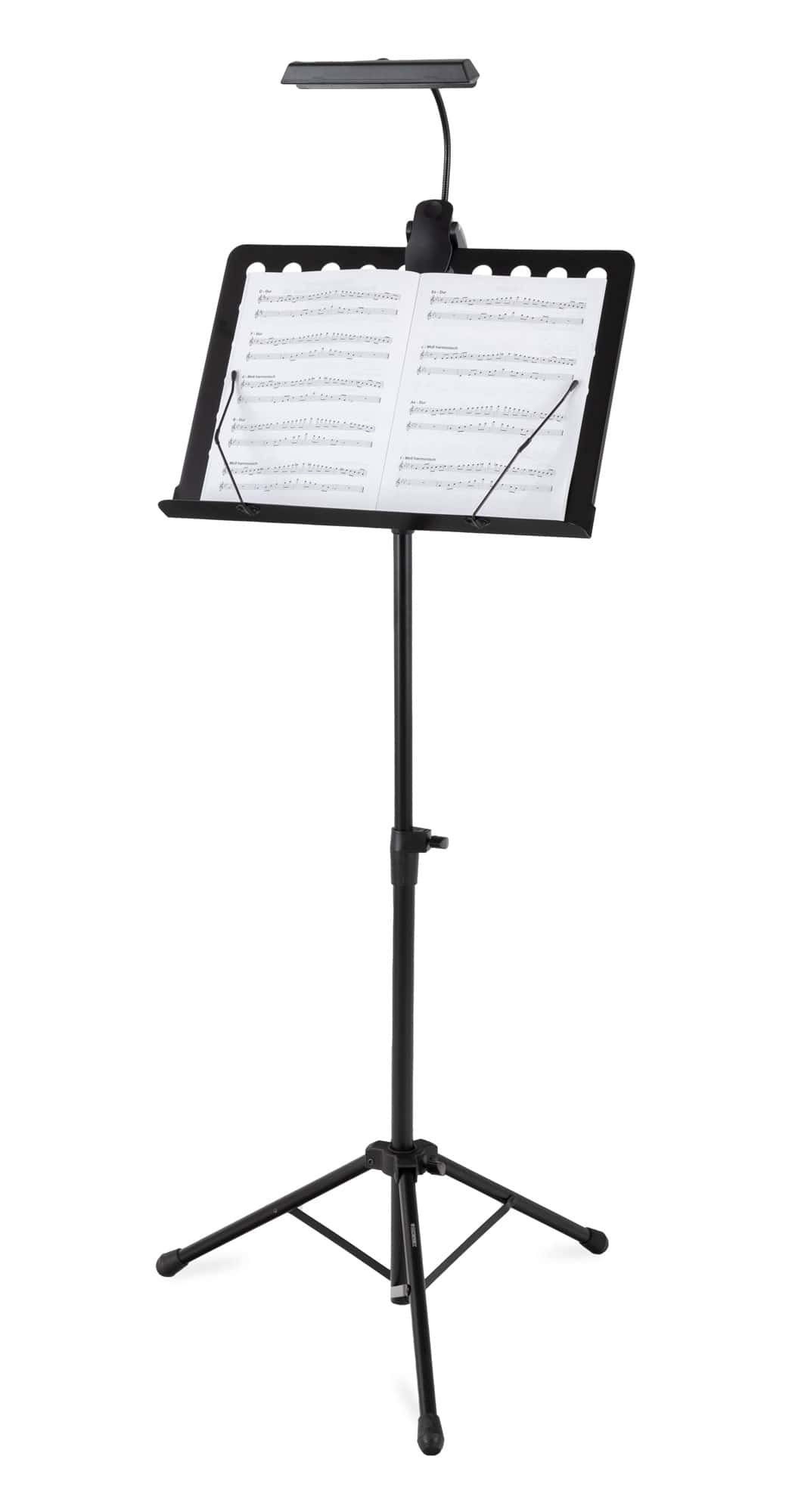 McGrey Notenpult Orchesterpult Lochblech Ständer Deluxe Notenständer mit Notenklemmen, (Spar-Set, 2-tlg., Set mit Premium LED-Leuchte), Abnehmbare Lochblechablage