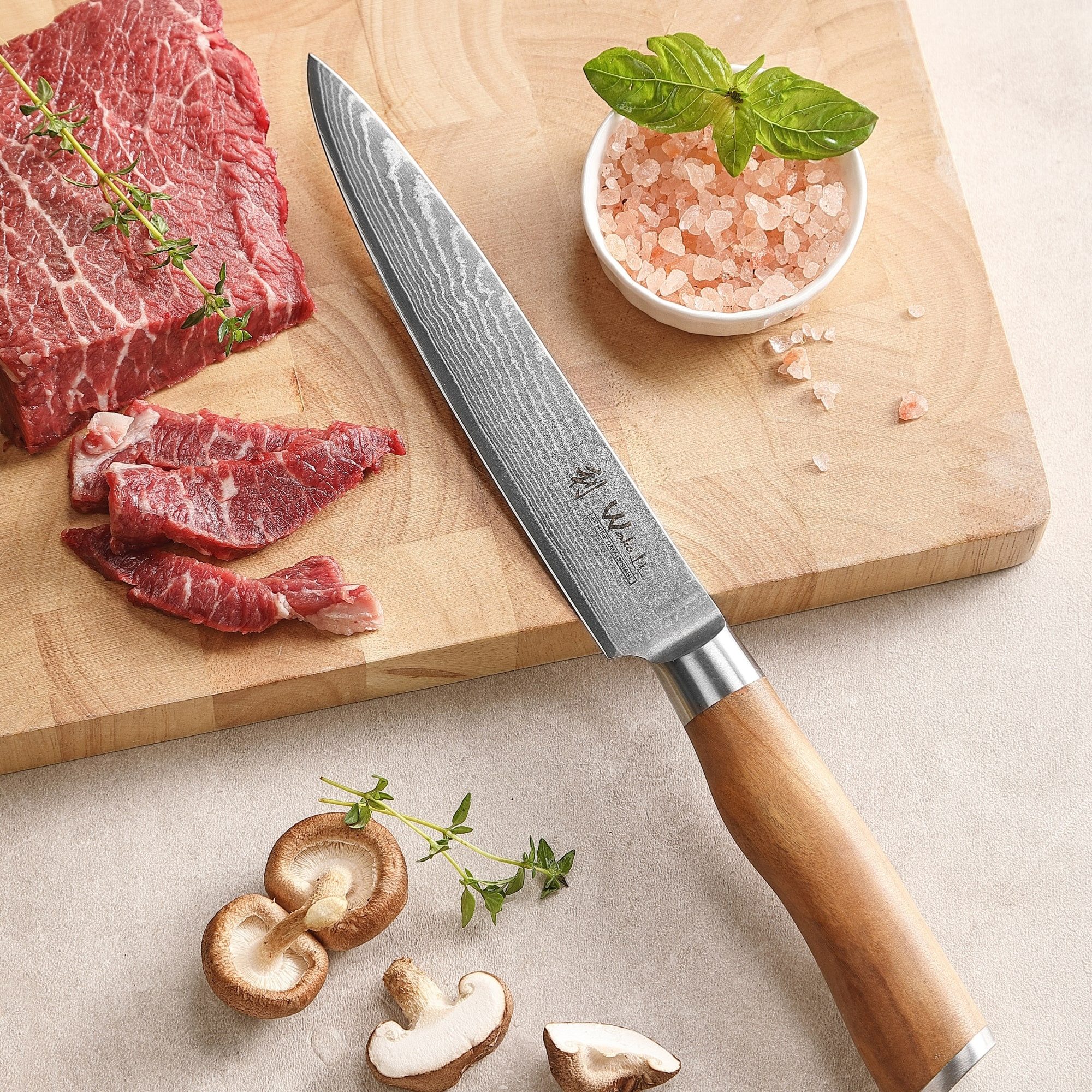 Wakoli Fleischmesser Damast Tranchiermesser Küchenmesser 17 cm Klinge Olivenholzgriff, aus 67 Lagen Damaststahl, VG10