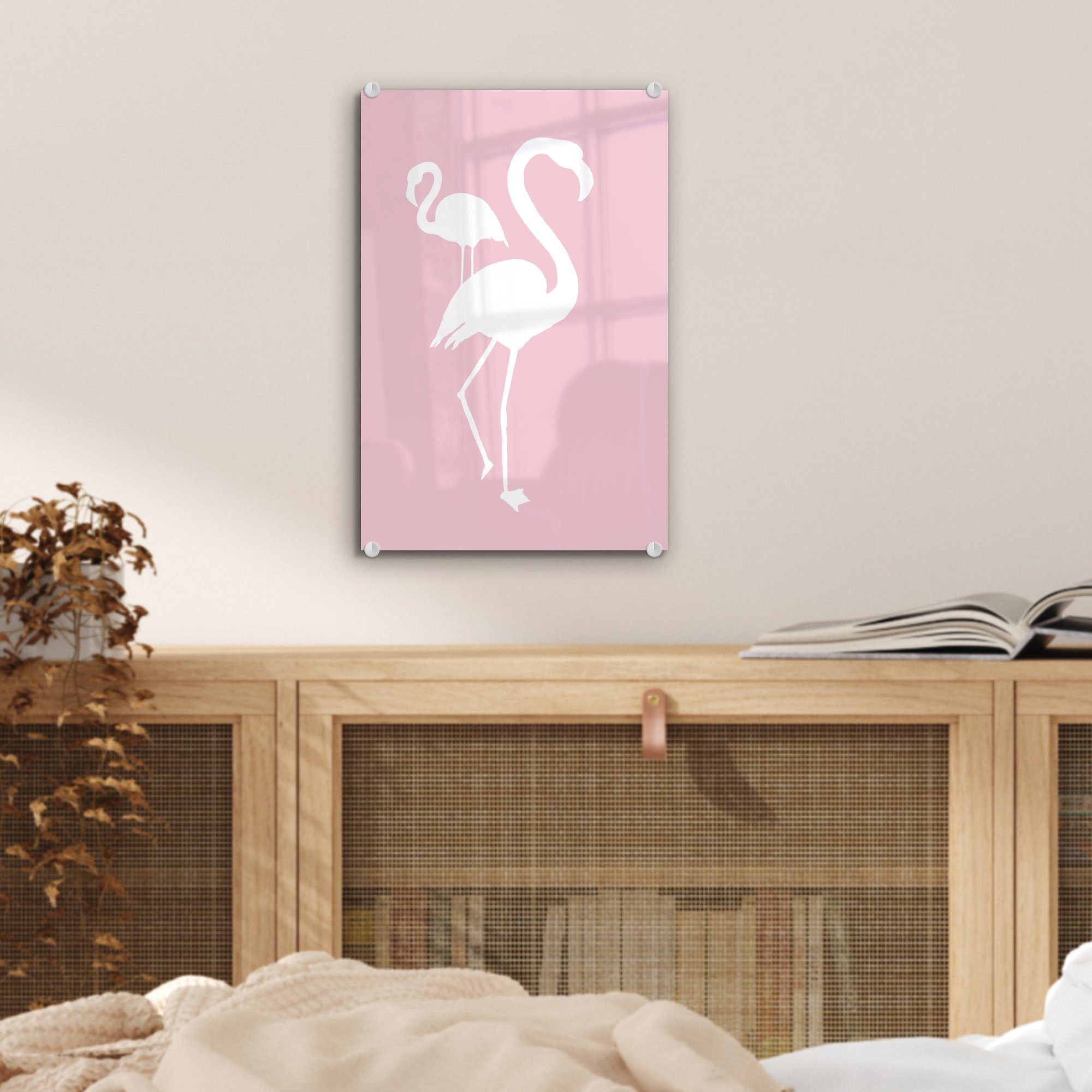 Glas - MuchoWow auf Weiß - Flamingo, (1 bunt Wandbild Foto - Acrylglasbild Glas Glasbilder - Rosa Wanddekoration St), - auf Bilder