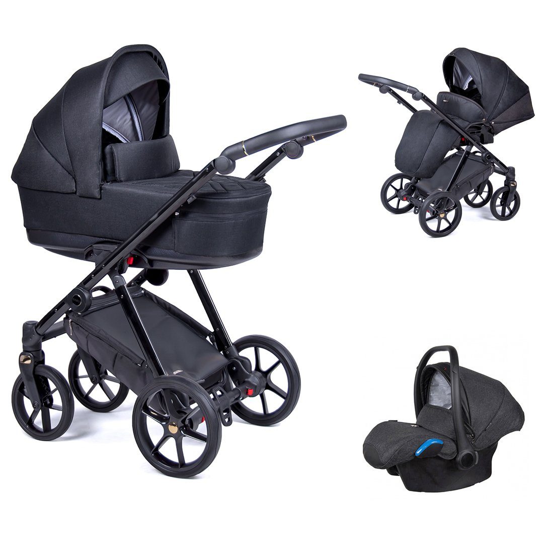 babies-on-wheels Kombi-Kinderwagen 3 in 1 Kinderwagen-Set Axxis - 15 Teile - in 24 Designs Schwarz = Gestell schwarz